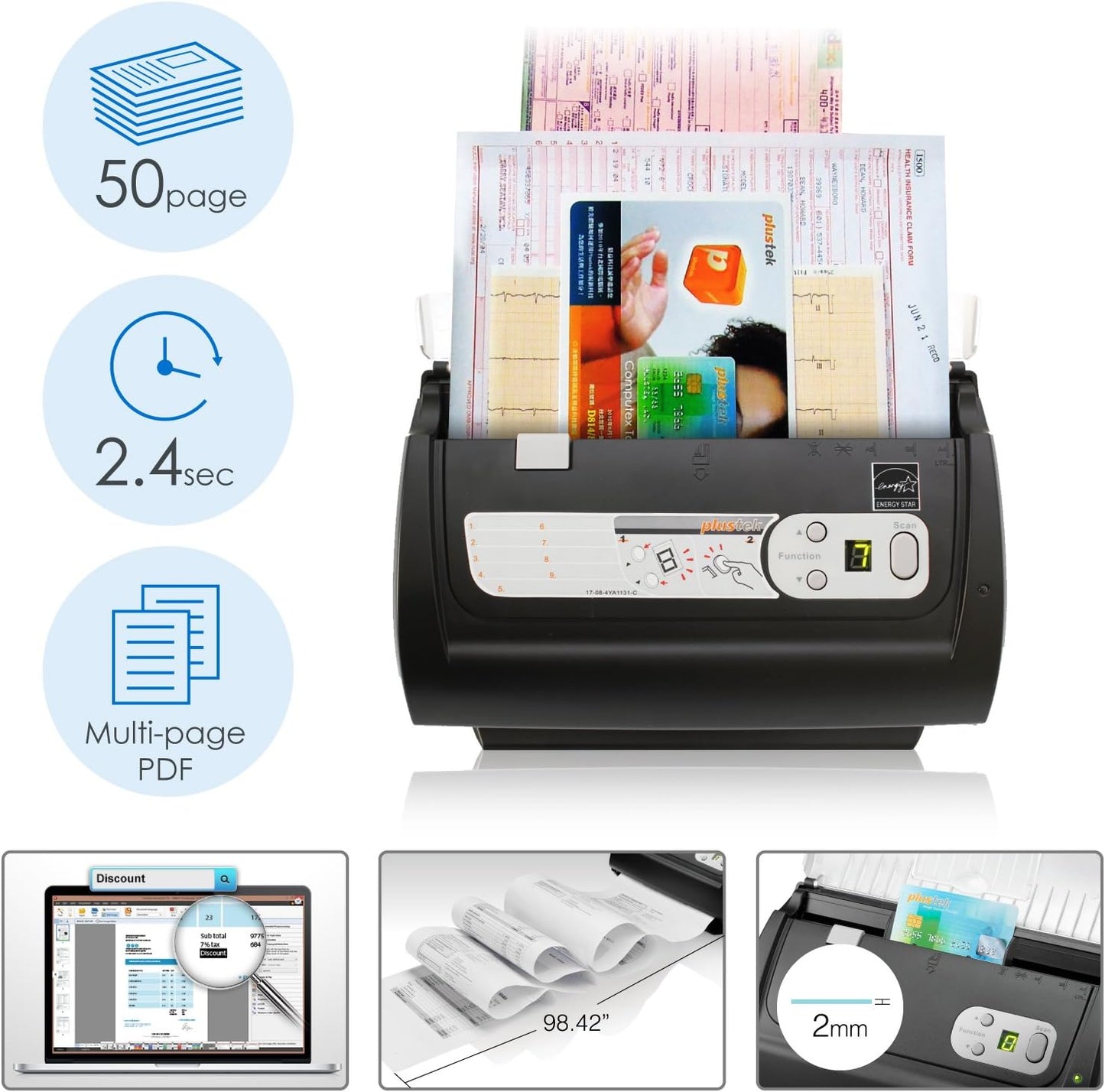 Plustek PS186 Desktop Document Scanner, with 50-pages Auto Document Feeder (ADF). For Windows 7 / 8 / 10 / 11 (Intel/AMD only) - Lumora Desk