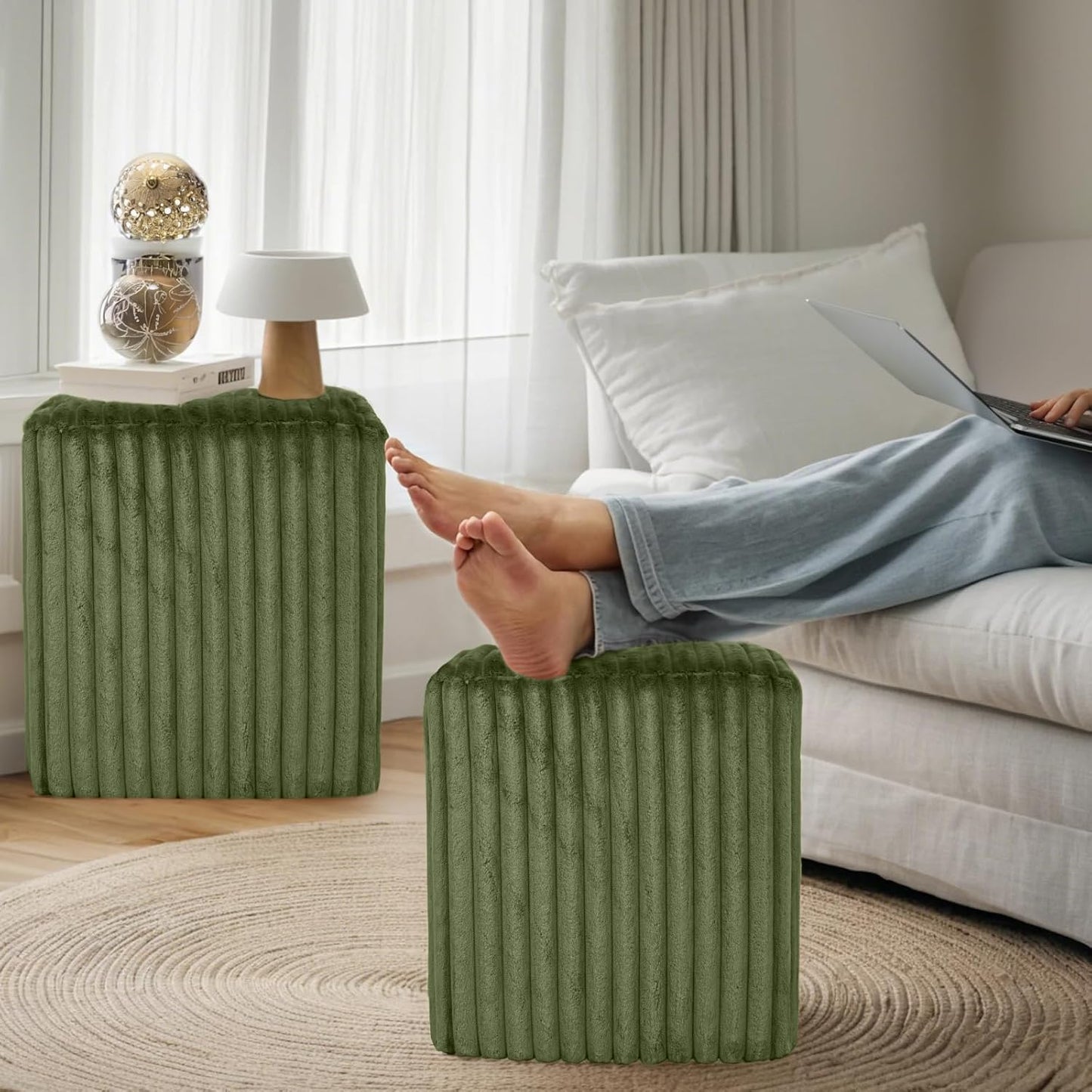 Modern Square Ottoman, Vertical Channel Tufted Foot Stool Ottoman, Velvet Upholstered Vanity Stool for Makeup, Bedroom, Living Room, Dark Green