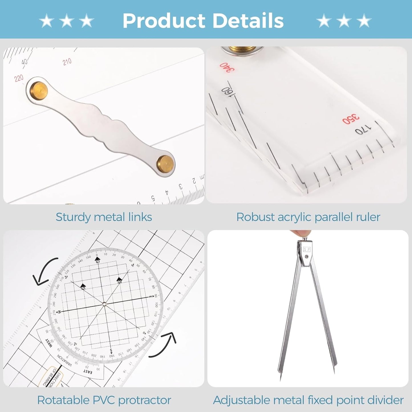 3 Pcs Basic Navigation Set, Including Marine Parallel Ruler, Nautical Protractor, and Navigation Fixed Point Divider, Marine Accessories with Clear Scales for Boat