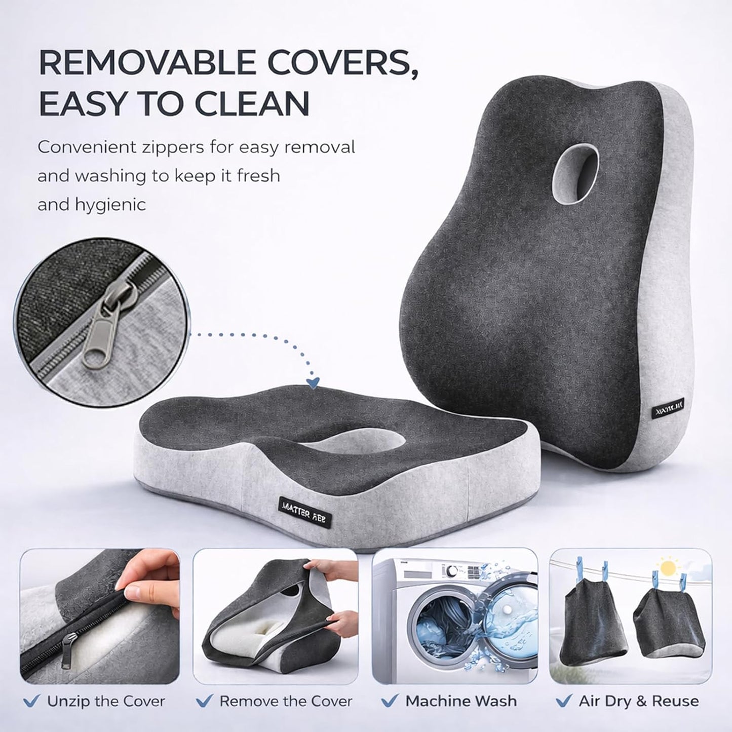 Seat Cushion and Lumbar Support Pillow Set, Back and Butt Support, Sciatica Relieving Coccyx Cushion, Hemorrhoid Cushion, Ergonomic Memory Foam Cushion&Pillow, Office Chair and Car Seat (Light Gray)
