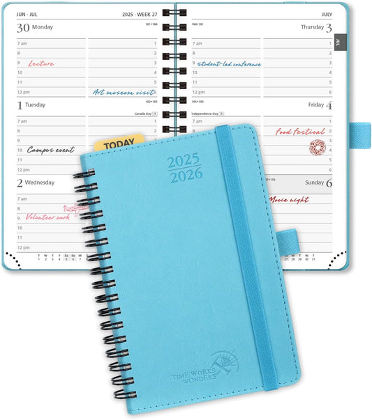 POPRUN Pocket Planner 2025-2026 (Purse Size 4'' x 6.25'') Academic Purse Calendar (July 2025 - June 2026) with Hourly Time Slots, 100GSM Thick Papers, Spiral Leather Cover - Blue Green
