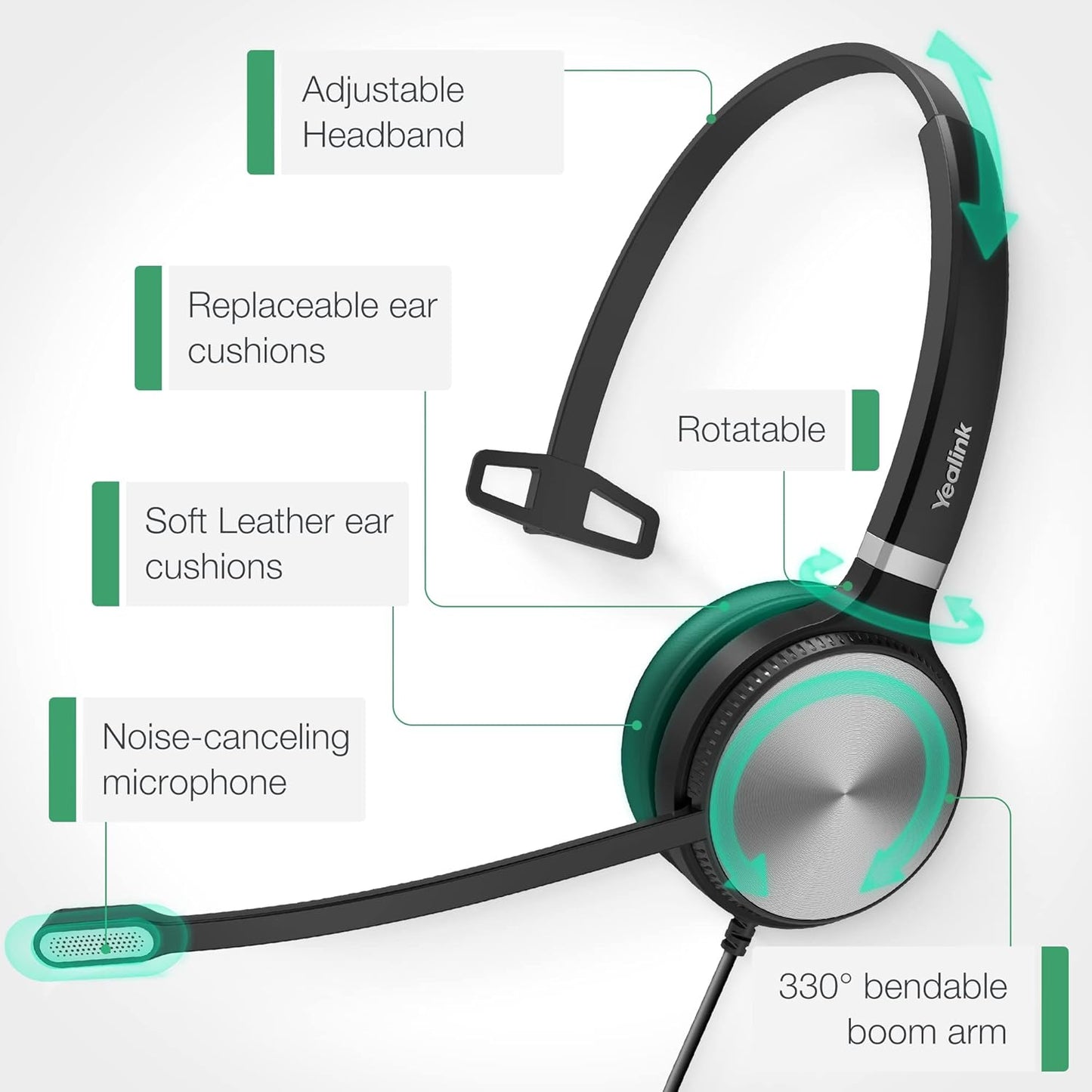 Yealink UH36 Professional USB Headset Wired Headphones for Work Calls and Music, Headset with Noise Cancelling Mic for Computer PC Laptop（UC Compatible, Mono,3.5mm Jack/USB Connection）