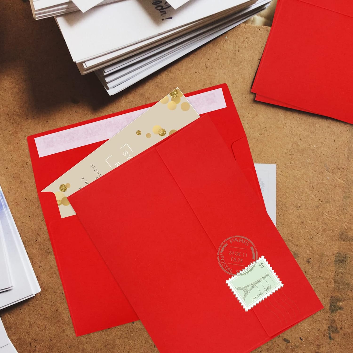 50 Pack 5x7 Envelopes - Self Seal for Weddings, Invitations, Photos, Greeting Cards & Mailing (Red) - Lumora Desk