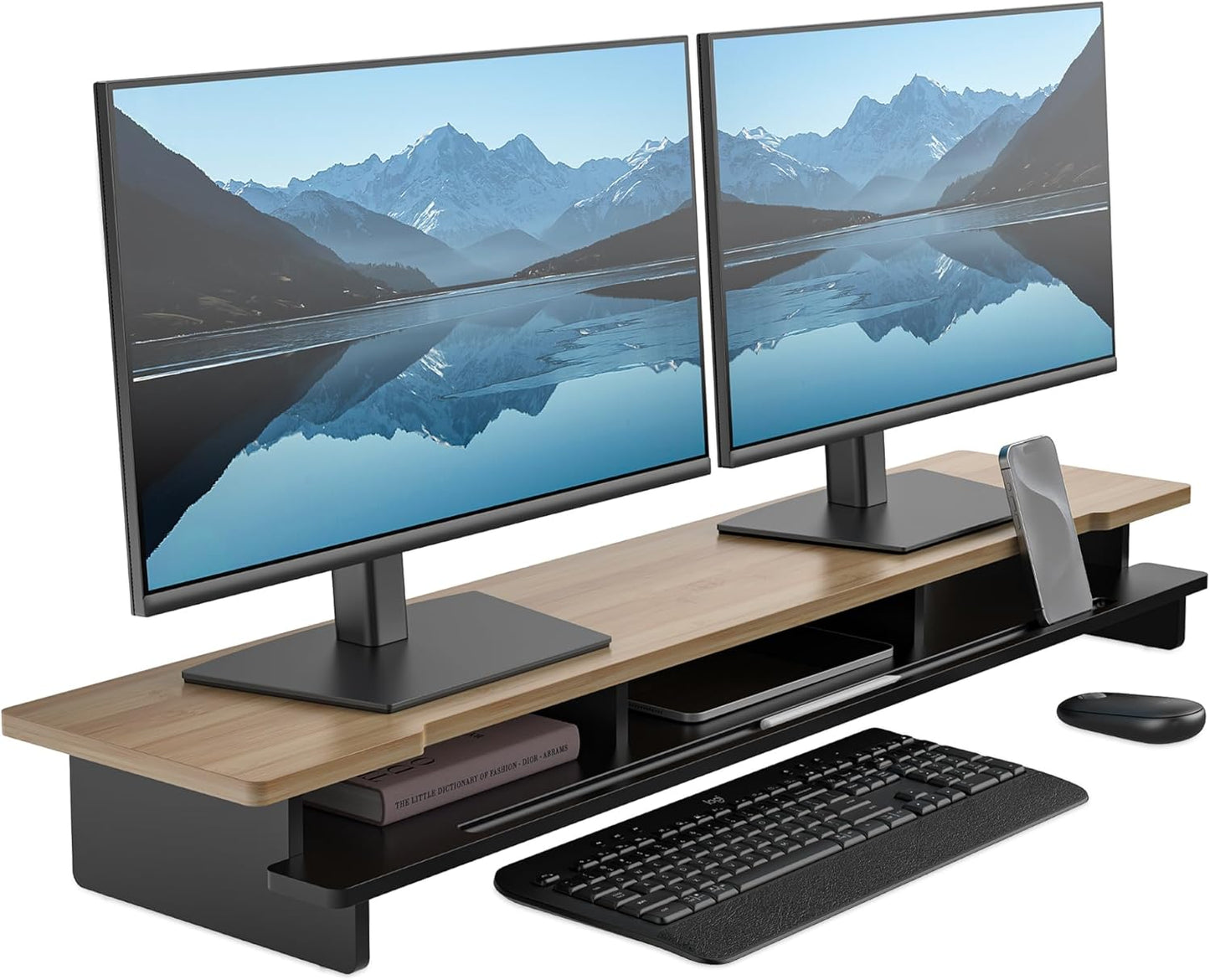 Monitor Stand Dual Monitor Stand Riser for Desk,Wood Desk Shelf Storage Organizer with Phone Tablet Holder (42.5 Inch, Black & Dark Bamboo)