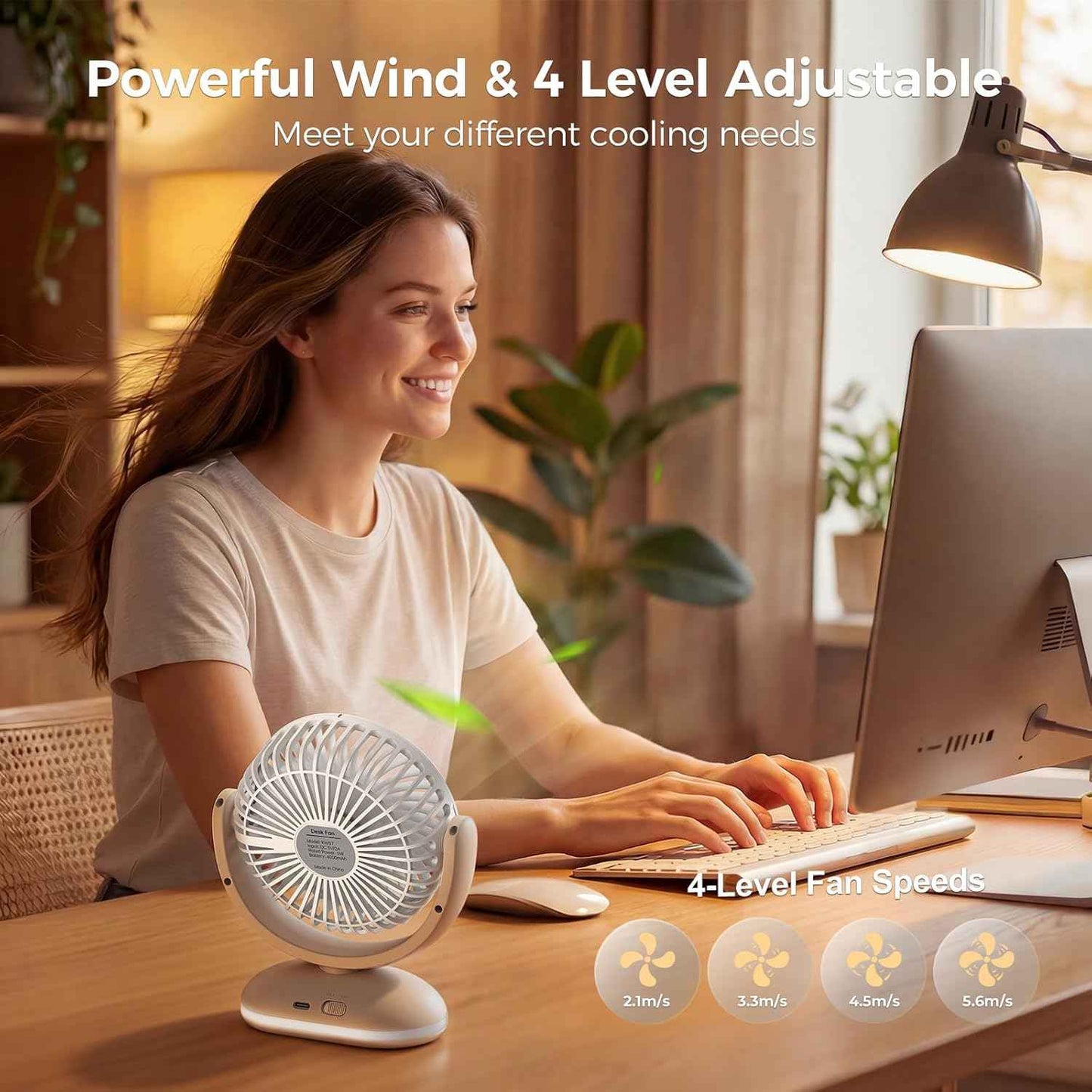 TriPole Desk Fan Small Quiet Rechargeable Portable Fan for Travel with Smart Display & LED Light, 31H Runtime, 4 Speeds Mini Battery Operated Fans for Bedroom Sleeping Office Outdoor Camping Cruise