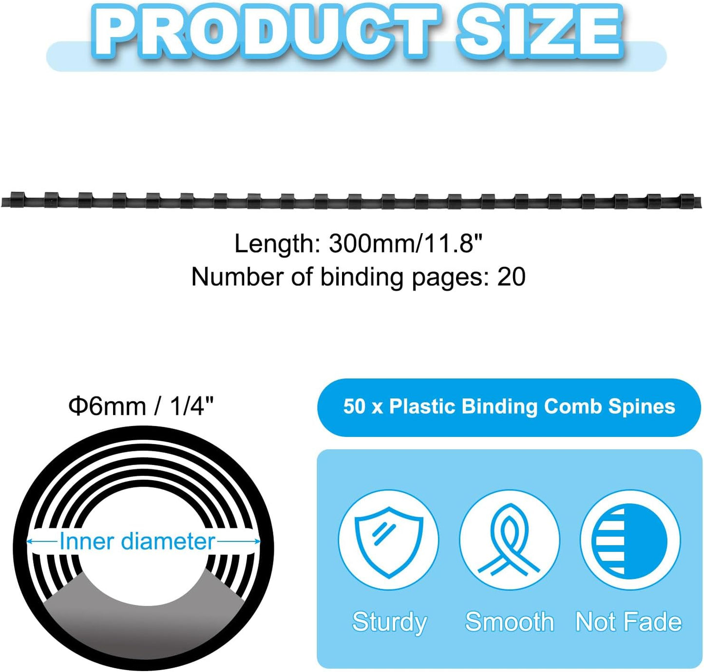 PATIKIL 6mm (1/4") Plastic Binding Combs, 50 Pcs 21 Rings Comb Binding Spines 20 Sheet Capacity Letter Size for Binding Paper Sheets, Black