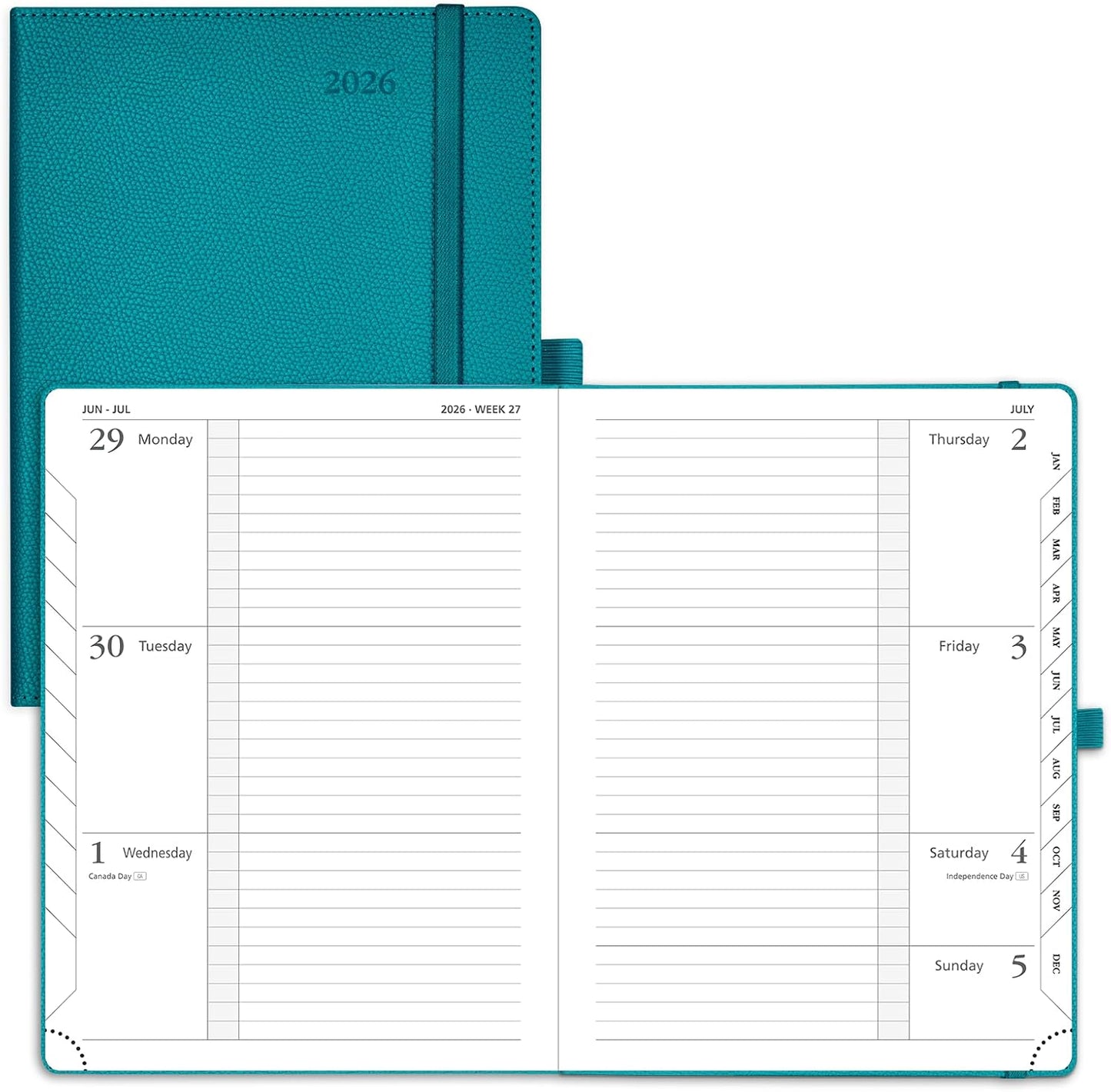 POPRUN 2026 Weekly Planner (Medium 6.75" x 8.75") 12 Months Calendar Notebook with Horizontal Layout, Leather Hardcover, Inner Pocket, 100GSM Thick Paper, Pen Holder - Pacific Green