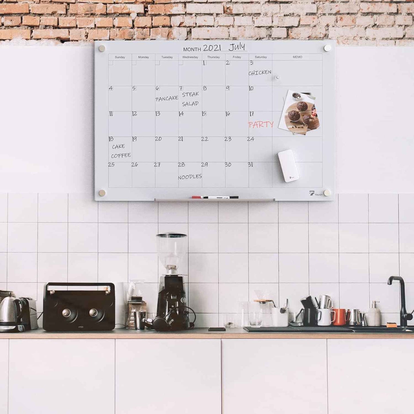 TOWON Tempered Glass Calendar Dry Erase Board for Wall, 3' x 2' Magnetic Whiteboard Calendar Planner for Office, Home, School Supplies, White, 36 x 24 Inches