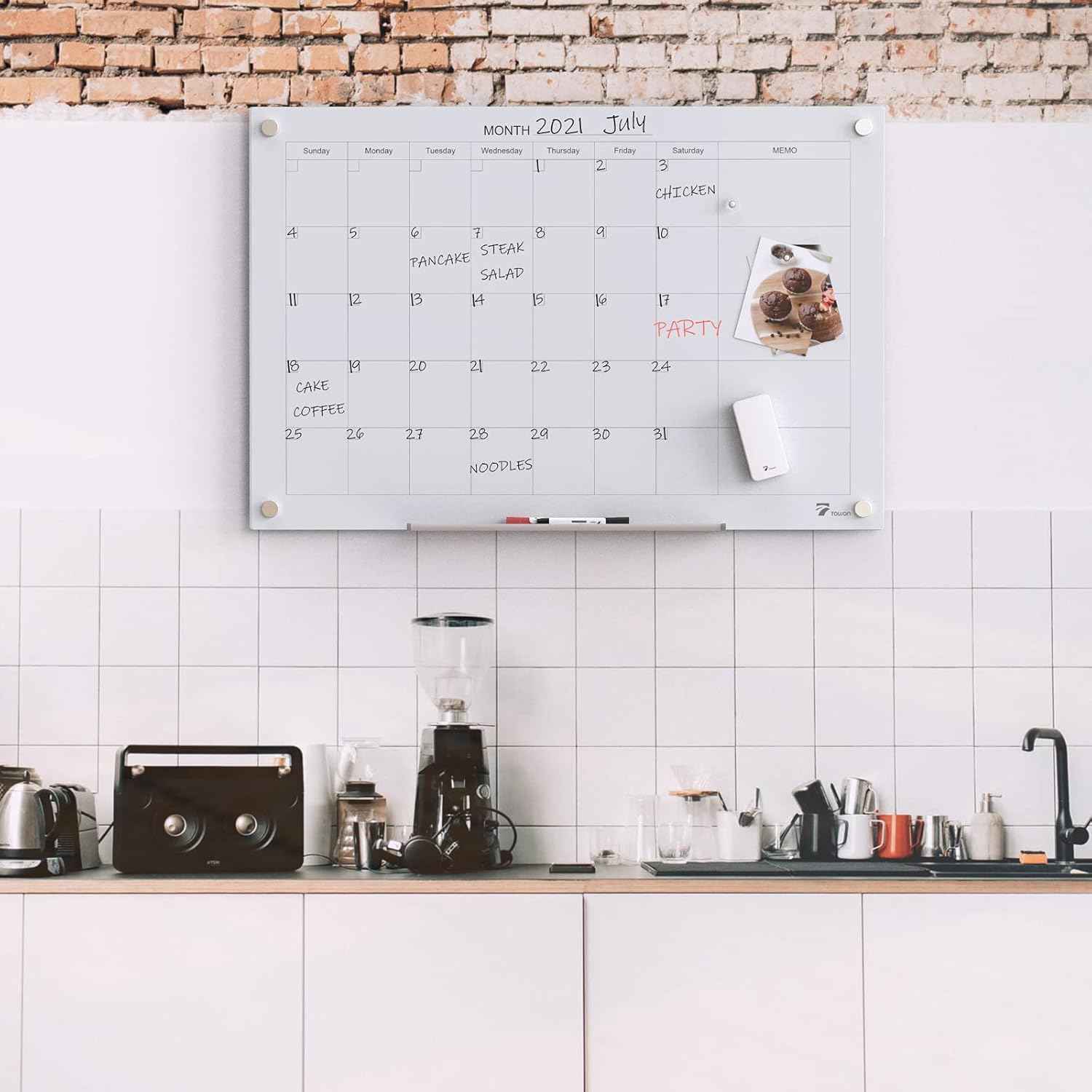 TOWON Tempered Glass Calendar Dry Erase Board for Wall, 3' x 2' Magnetic Whiteboard Calendar Planner for Office, Home, School Supplies, White, 36 x 24 Inches