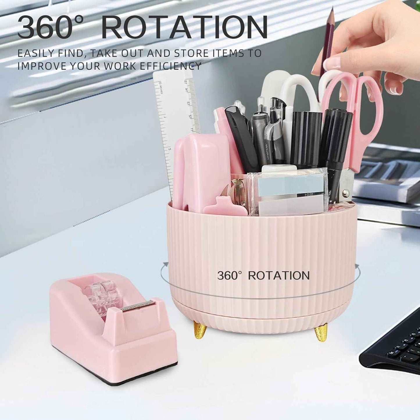 Pink Office Desk Accessories, 15pcs Office Supplies 360°Pen Holder , Stapler, Staple Remover, Tape Dispenser,Tape Refills, Binder Paper Clips Kit, Scissor, Cute Desk Accessories for Women Gift Set