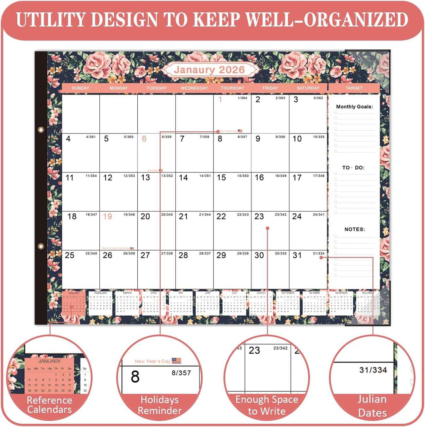 Lateefah Desk Calendar 2025, Large 22'' x 17'' Desk Calendar 2025-2026, 18 Month Desktop Calendars for Home & Office, Use July 2025 to Dece 2026