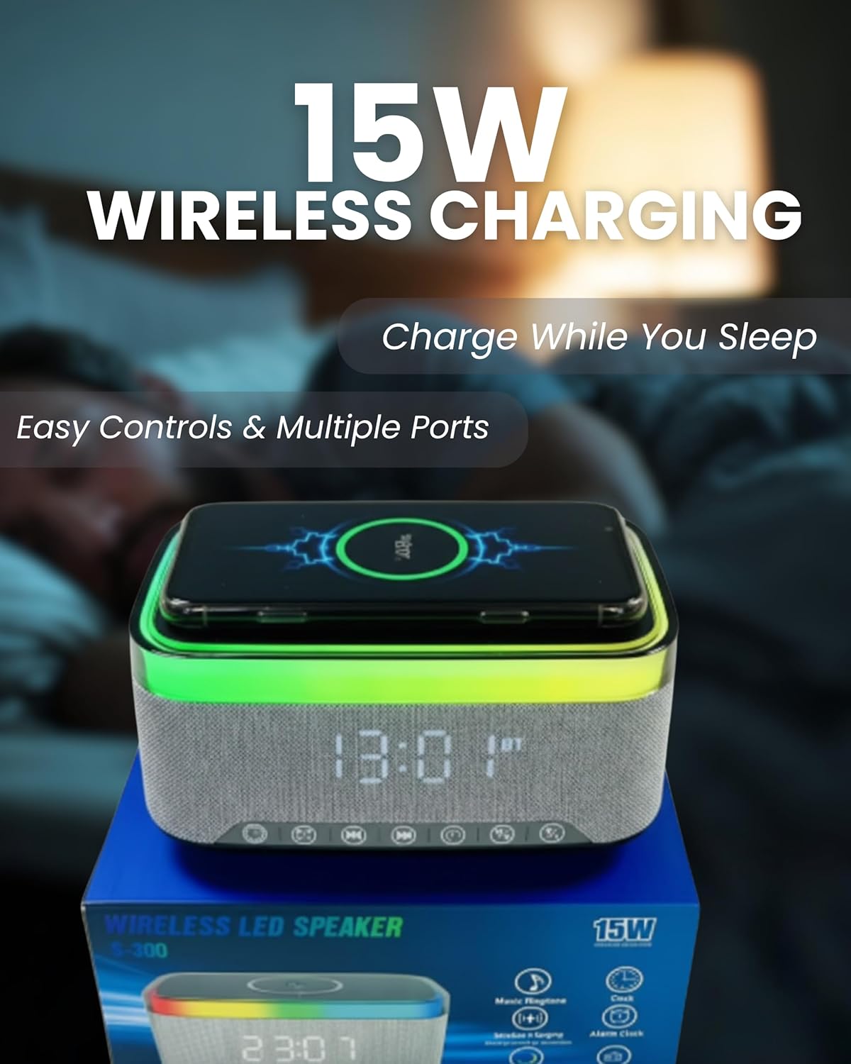 Wireless Charging Alarm Clock with Bluetooth Speaker, FM Radio, Night Light, Dual Alarm, USB Charger, LED Bedside Clock