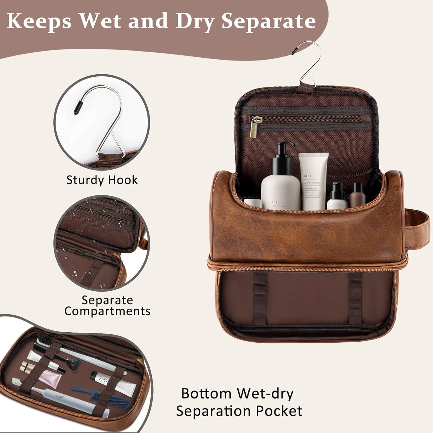 Personalized Christmas Birthday Gifts Toiletry Bag for Men Dad Husband, Custom Initial PU Leather Waterproof Toiletry Organizer Dopp Kit Shaving Bag Travel Essential for Men, Light Brown J
