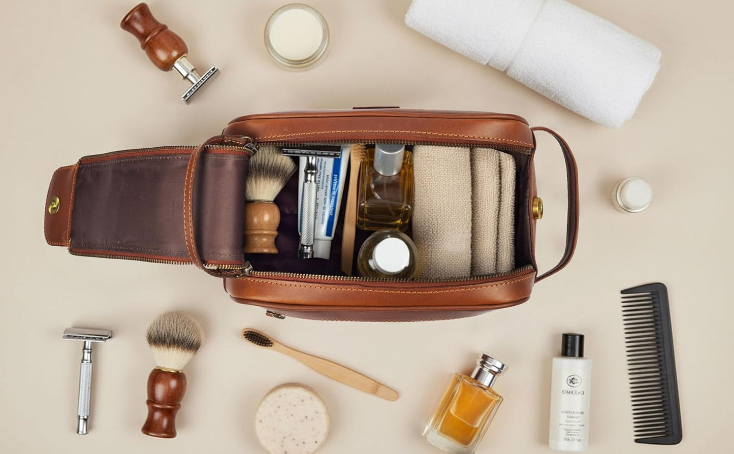 MDS® Genuine Leather Toiletry Bag for Men - Unisex Rustic Classic Vintage Handcrafted Full-Grain Leather Travel Dopp Kit with Waterproof Lining & Handle, Shaving & Grooming Kit Organizer Pouch, Tan