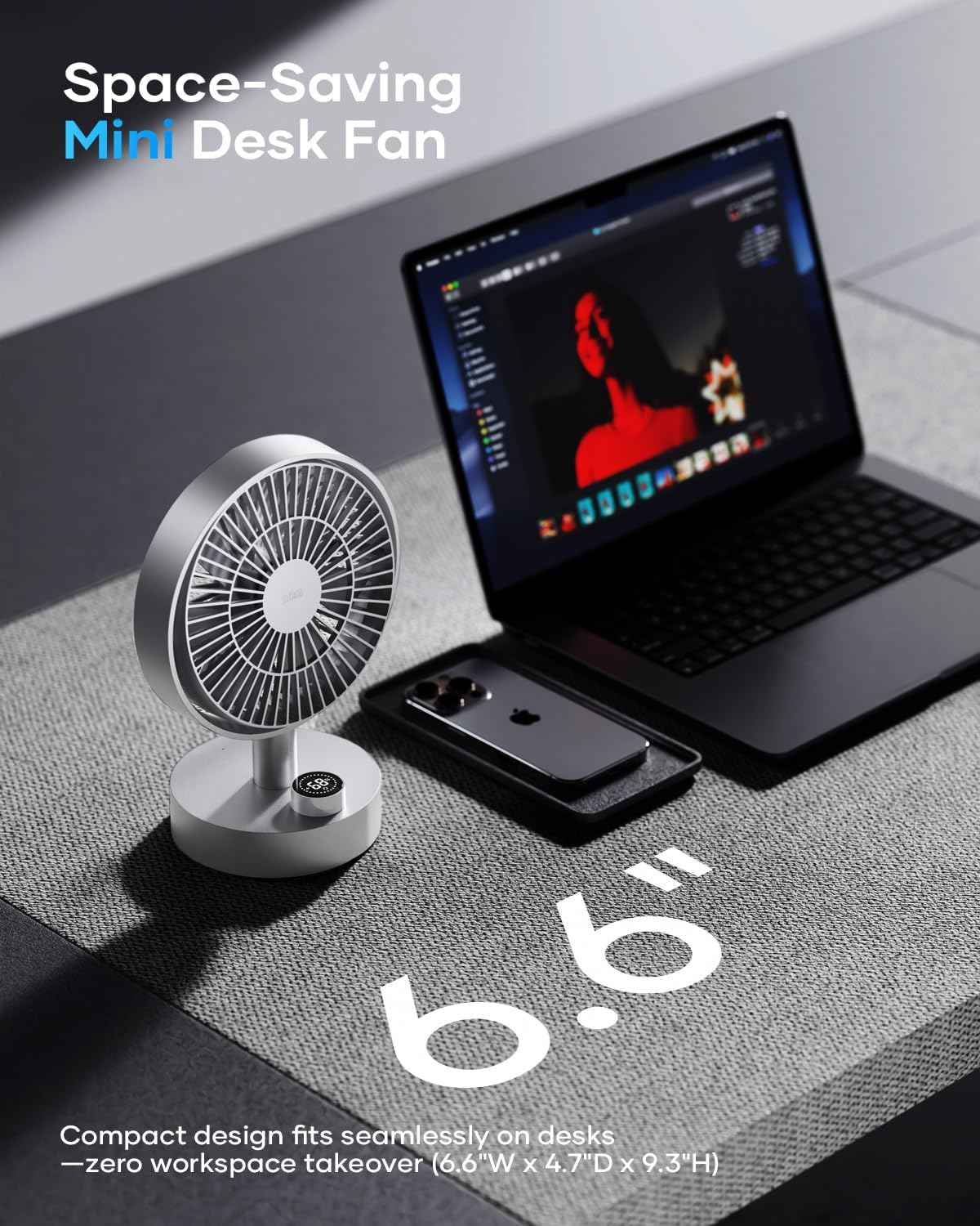 SOTHING Desk Fan, 18dB Ultra-Quiet, 6.6-inch Small Fan with 10-Speed, 160° Oscillating, (4000mAh) 12hrs Battery Life, USB-C Rechargeable, Digital Display, Small Desk Fan for Office - Silver