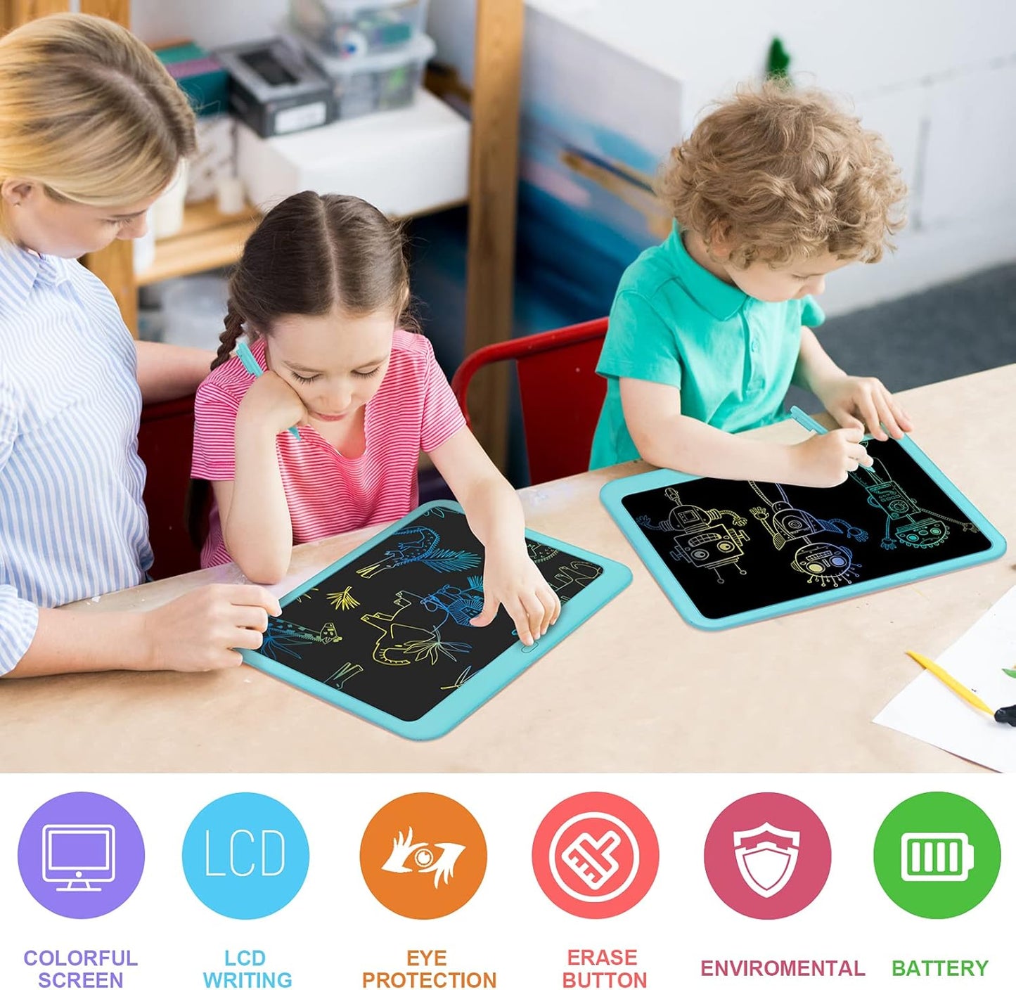 FLUESTON LCD Writing Tablet, Doodle Board Toys Gifts for 3-8 Year Old Girls Boys, 15 Inch Colorful Electronic Board Drawing Pad for Kids, Gifts for Toddler Educational Learning Travel Birthday, Blue