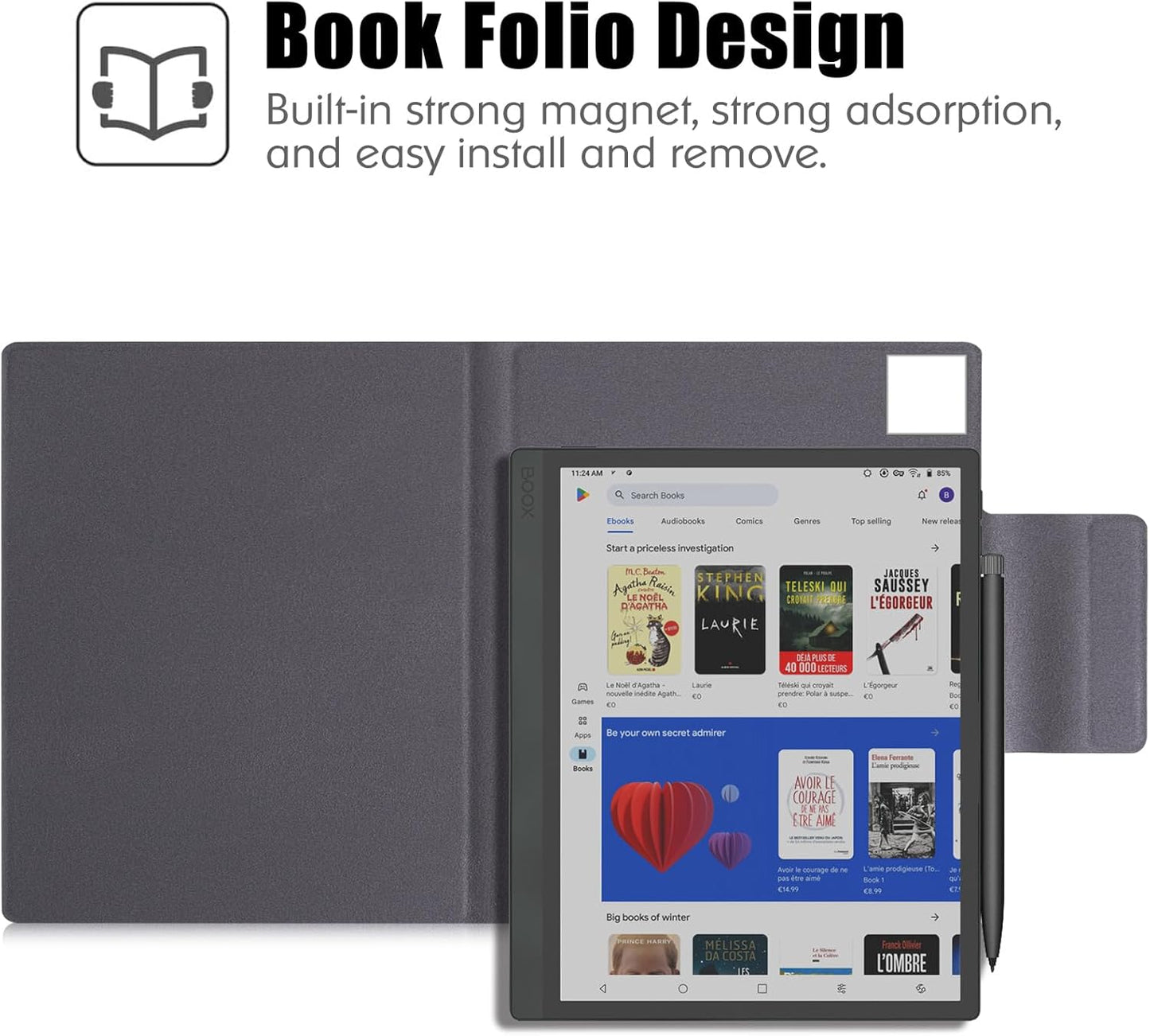 BOZHUORUI Case for 10.3" Boox Tab Ultra C Pro ePaper Tablet | with Sleep/Wake | Magnetic Adsorption | Pen Clasp Design | Thin & Light | PU Leather Smart Cover (Dark Blue)
