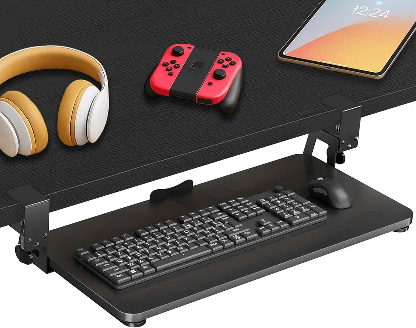 Under Desk Keyboard Tray Slide Out, Clamp On Pull Out Drawer with Mouse Space, Fits Desks 10–50mm Thick, 25 x 9.8 Inch Ergonomic Keyboard Holder for Comfortable Typing at Home or Office