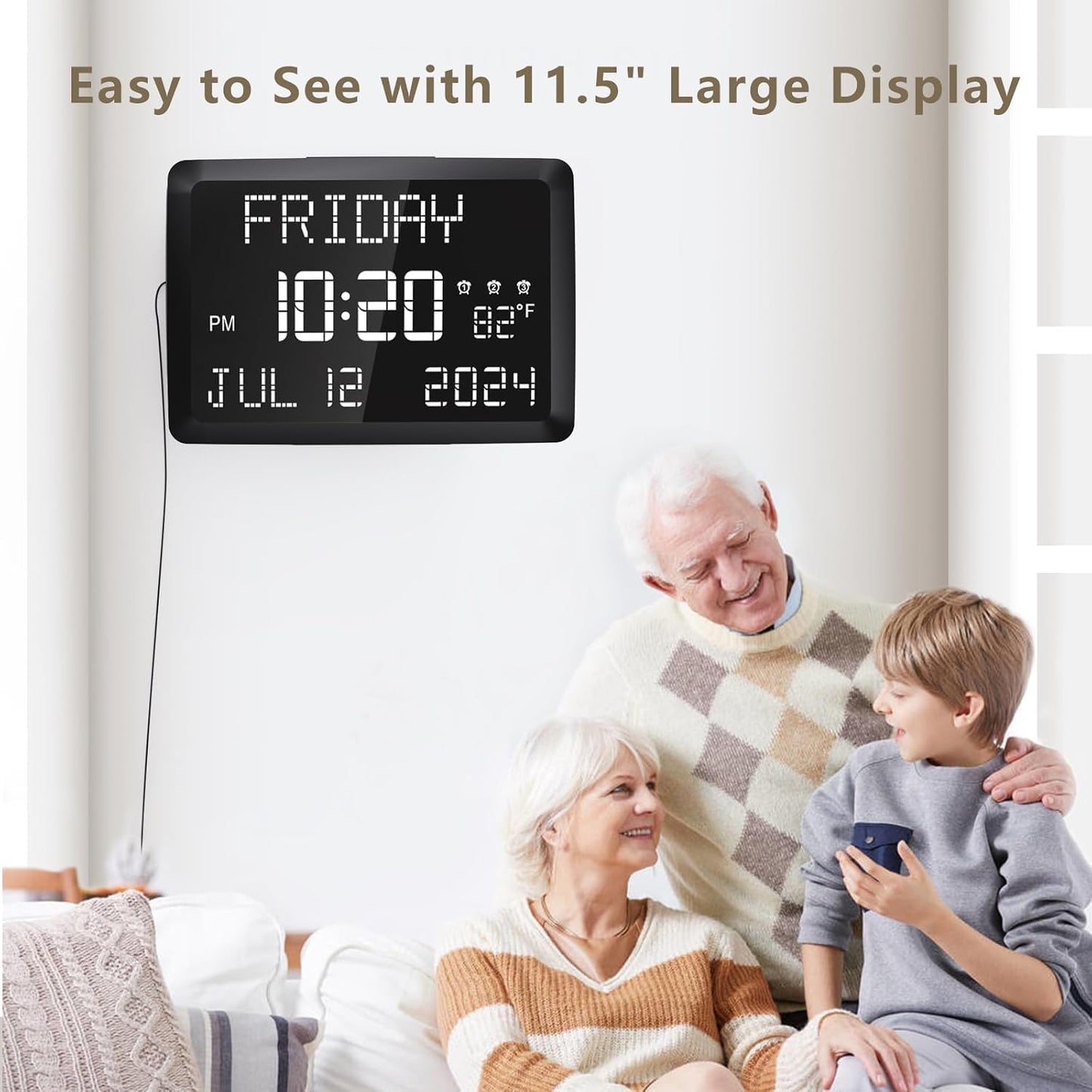 Raynic Digital Clock, 11.5" Large Display Calendar Clock with Day and Date, Indoor Temperature, Adjustable Brightness, Snooze,12/24H, DST for Home, Office, Elderly