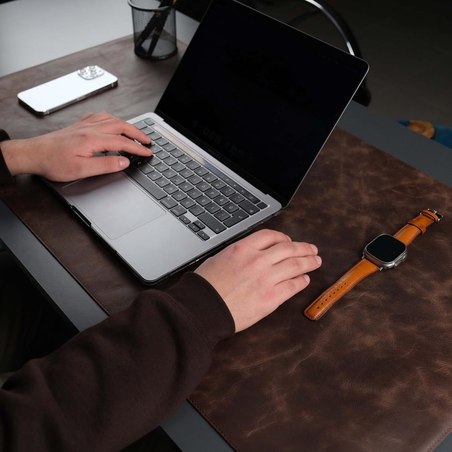 Jersey Genuine Calfskin Leather Desk Pad, Office Desk Mat with Non-Slip Bottom, Smooth Surface for Mouse & Keyboard, Desk Protector (36x19 inches) (Dark Brown)