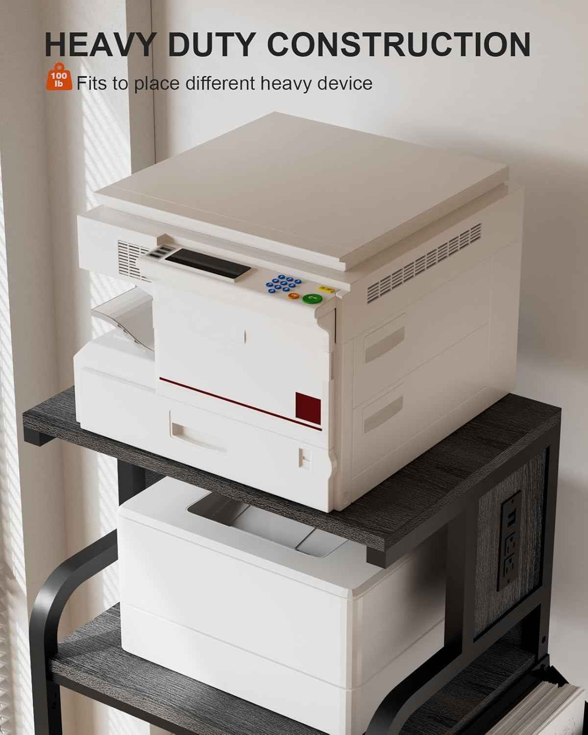 Tall Printer Stand with Storage, 4-Tier Mobile Printer Cart with Adjustable Shelf & Side Bag, Heavy Duty Printer Table with Built-In Charging Station for Home Office, Fits Scanner, Fax Machine, Grey
