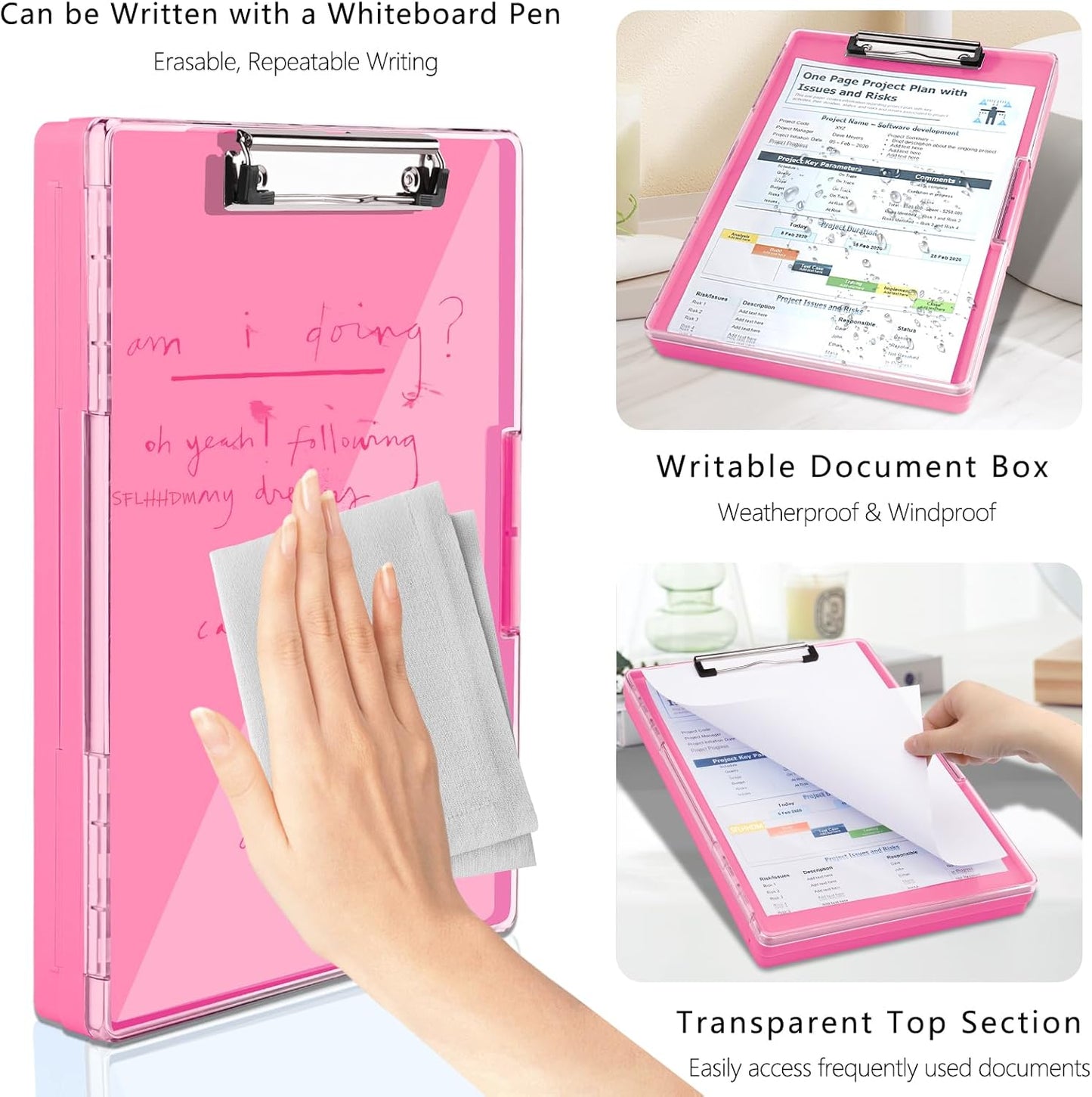 Clipboard with Storage,Heavy Duty Clip Boards 8.5x11 with 2 Storage Case,Clear Visible Top Panel Storage Clipboards,Side Opening Clip Boards,Nursing Clipboard Folder Case for Office Supplies-Pink