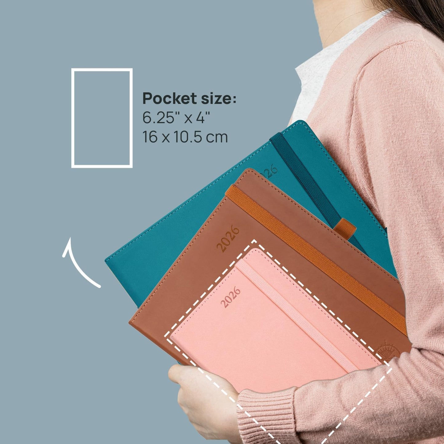 POPRUN Pocket Calendar 2026 (Small Size- 4'' x 6.25") Weekly and Monthly for Purse - Planner 2026 (Jan. 2026 - Dec. 2026) with Vegan Leather Soft Cover, Pen Holder and More - Blue Green