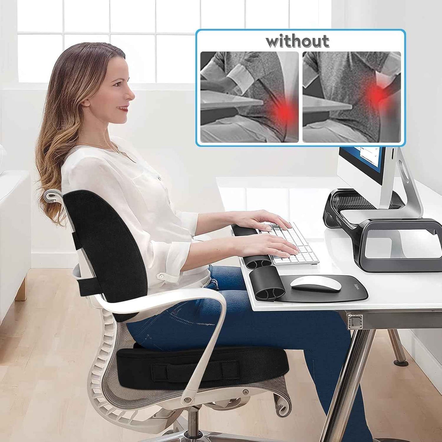 CloudBliss Lumbar Support Pillow & Seat Cushion Set for Office Chair, Desk Chair, Wheelchair & Car–Memory Foam Back Support,Ergonomic Chair Cushions,Sciatica Pain Relief,Home Essentials(Black,XL)
