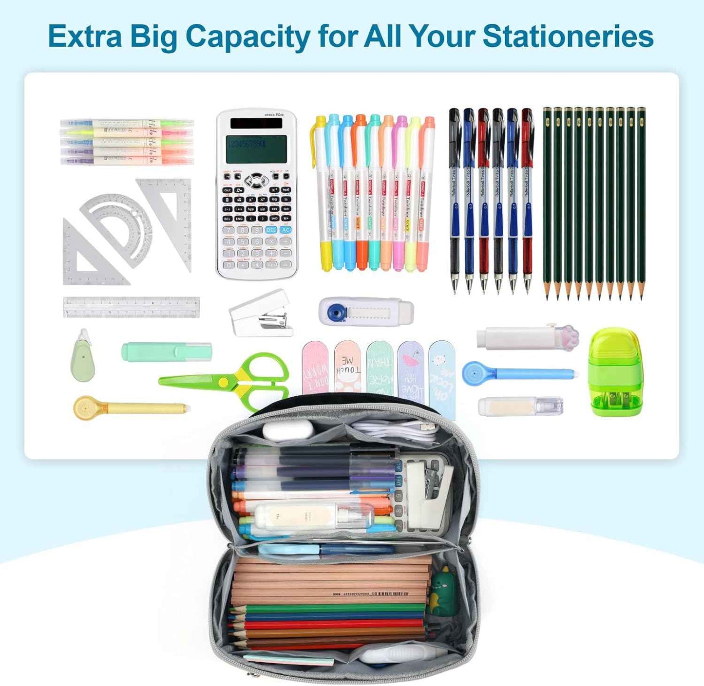 Large Capacity Pencil Case - Pencil Pouch for Teen Boys, Aesthetic Pouch Organizer with 8 Compartments, Wide Opening Marker Bag for Middle High School College, Fits Calculator, Black