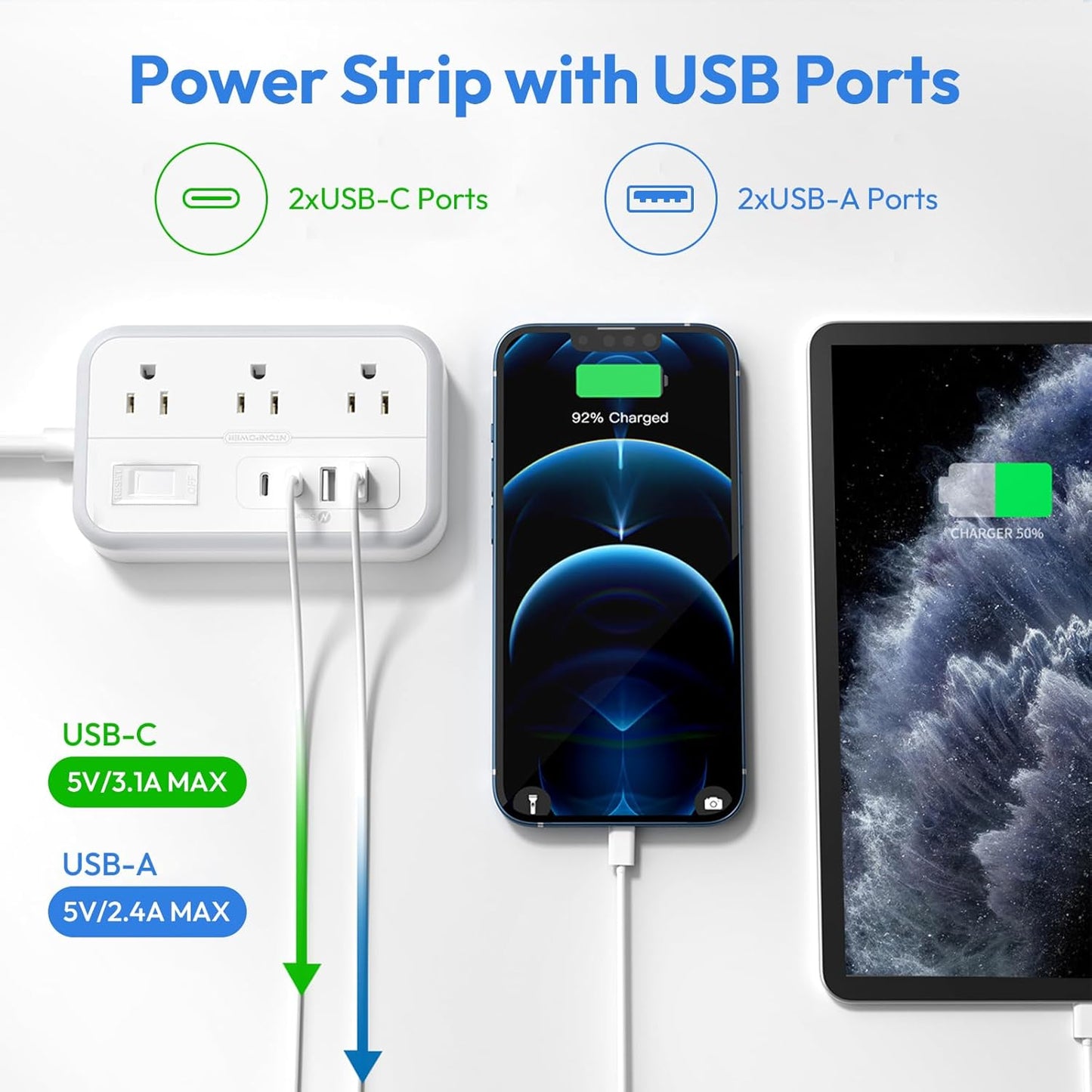 Flat Plug Extension Cord 25 ft, Surge Protector Power Strip, Outlet Extender with 6 Outlets 4 USB Ports, Overload Protection, Long Extension Cord with Multiple Outlets for Indoor, Home, Office, White