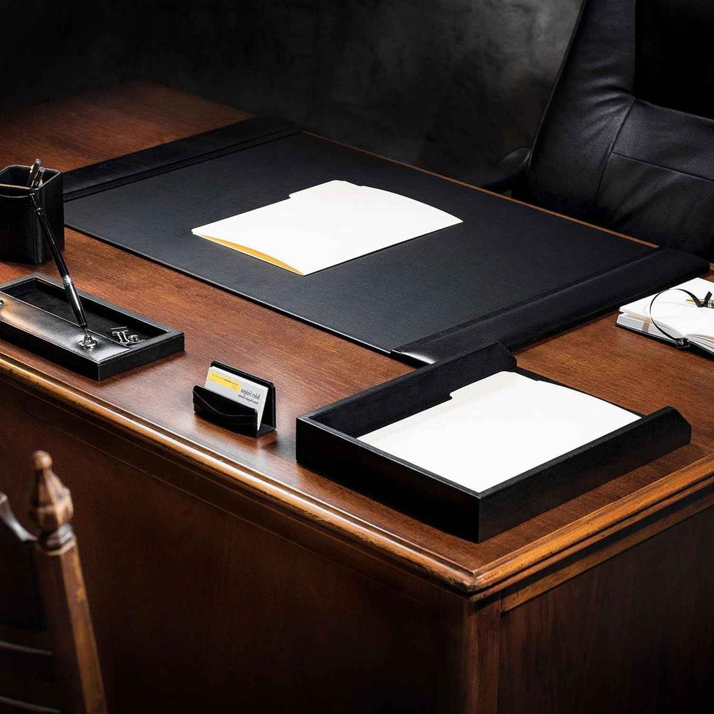 Classic Leather Desk Pad with Side Rails - Luxury Leather Desk Blotter for Writing - Padded Executive Desk Surface Protector - (Black, 34” x 20”) - Dacasso