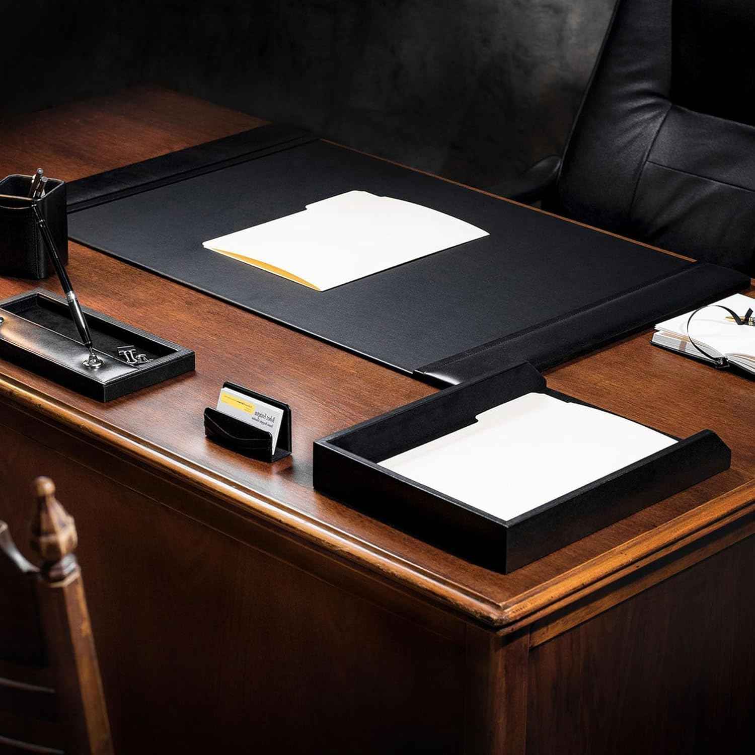 Classic Leather Desk Pad with Side Rails - Luxury Leather Desk Blotter for Writing - Padded Executive Desk Surface Protector - (Black, 34” x 20”) - Dacasso