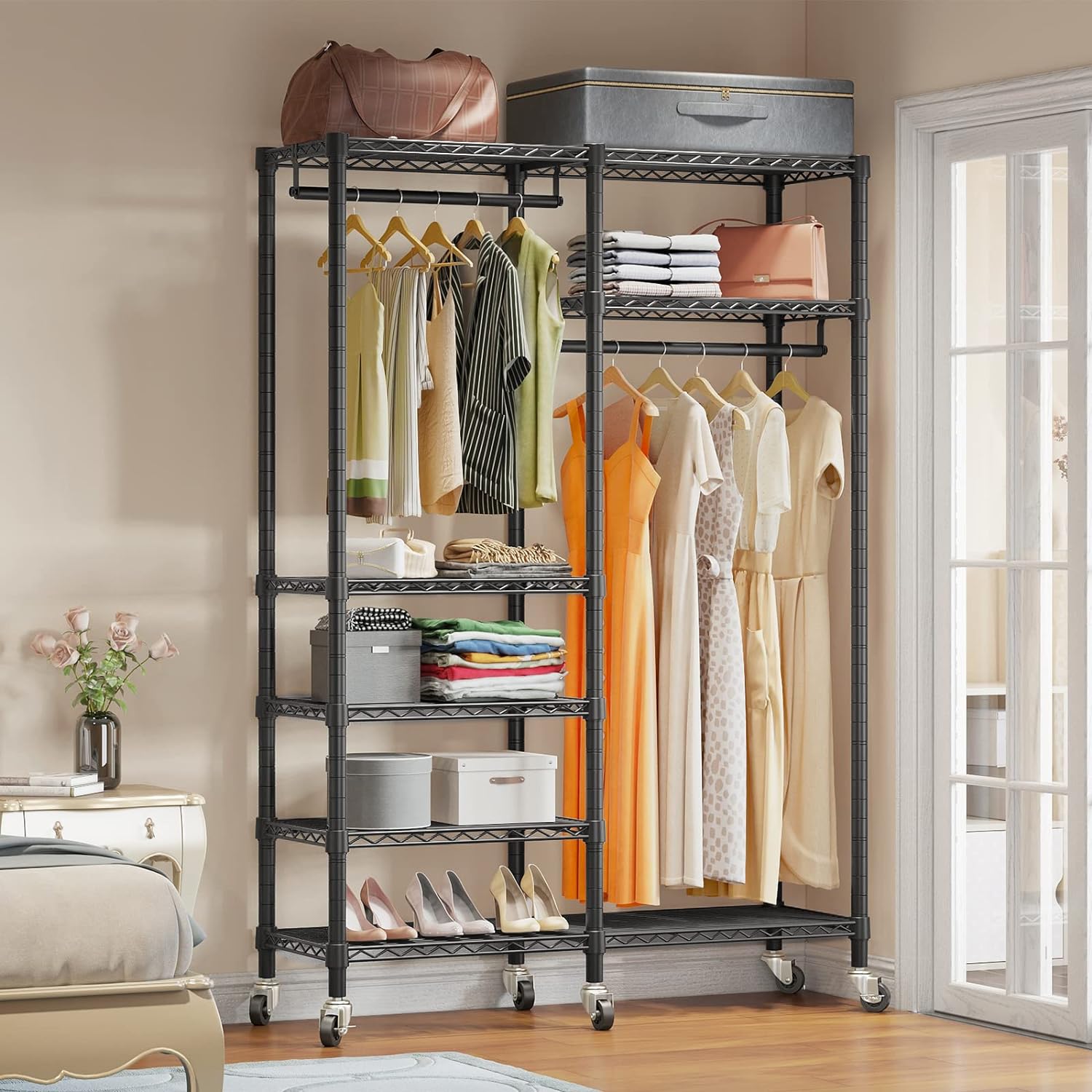 VIPEK R4 Garment Racks Heavy Duty Clothes Rack -620lb Capacity Metal Frame, Rolling Lockable Wheels & 6 Tiers Adjustable Height Shelves & Hanger Rods, Sturdy Wardrobe Closet for Home Storage, Black - Lumora Desk