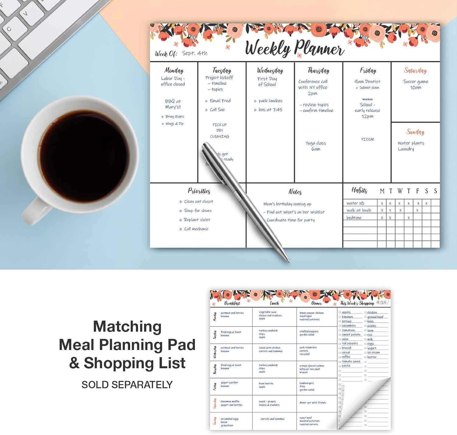 Global Printed Products 8.5" x 11" Horizontal To-Do List and Weekly Planning Pad, 60-Sheets, Peach & Pink Floral
