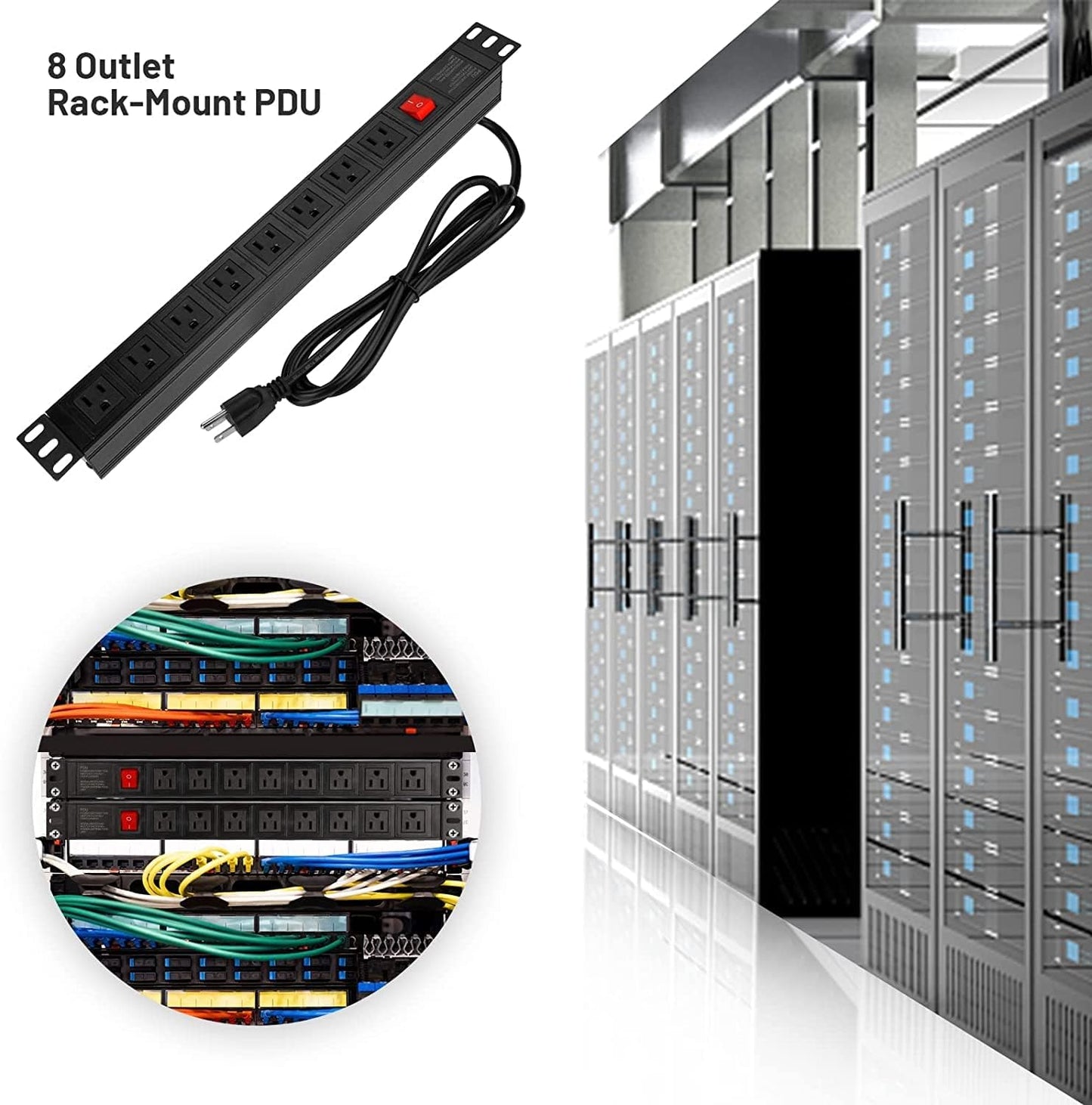 BTU Power Strip Surge Protector Rack-Mount PDU, 8 Right Angle Outlets Wide-Spaced, Mountable Power Strip Heavy Duty for Server Racks, Commercial, 300J (Black 10FT)
