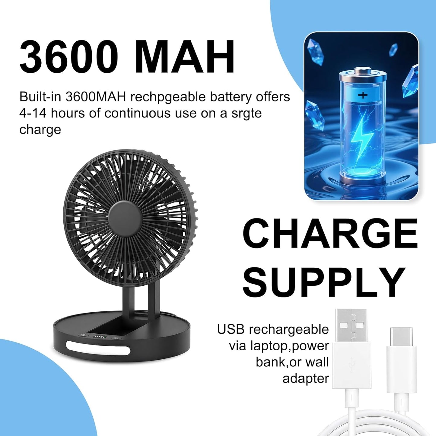 Qoqooice Portable Fan, 3600 mAh Rechargeable Battery Operated Fan with 5 Speeds, USB Powered, Quiet Personal Desk Fan for Office Home, Outdoor, Camping, Travel (Black)