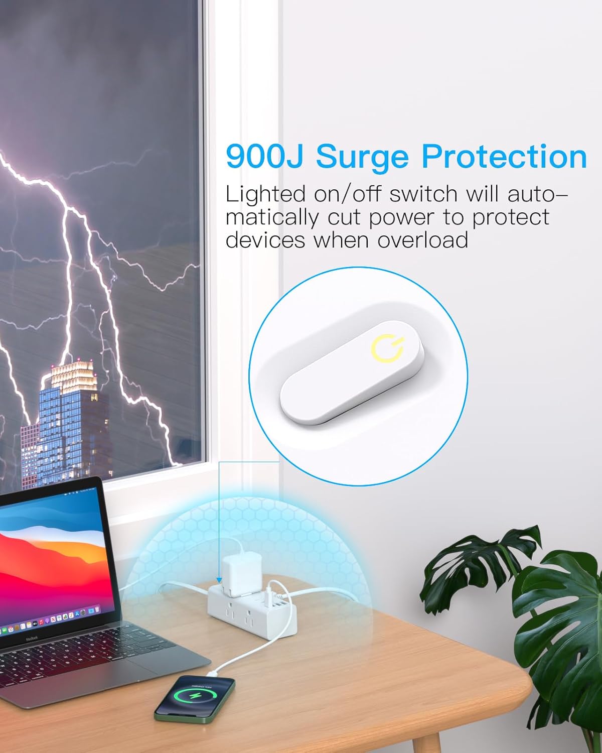 15Ft Extension Cord with Multiple Outlets, Flat Plug Power Strip Surge Protector with 15 Ft Long Cord, 6 Outlet 3 USB Ports (2 USB C), Multi Outlet Wall Plug for Travel, College, Dorm Room Essentials
