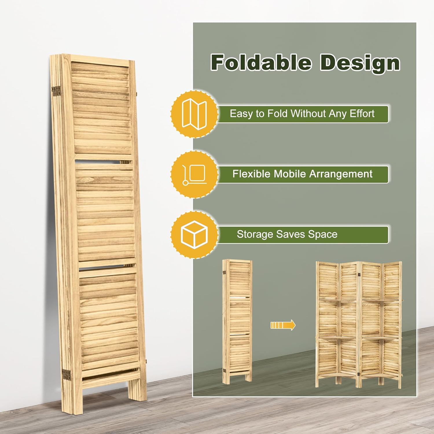 NicBex 4 Panel Room Divider,5.6FT Wood Carved Room Dividers with Display Shelves Folding Privacy Screens Portable Freestanding Partition Wall Dividers for Room Separation, Bedroom Office,Natural Wood - Lumora Desk
