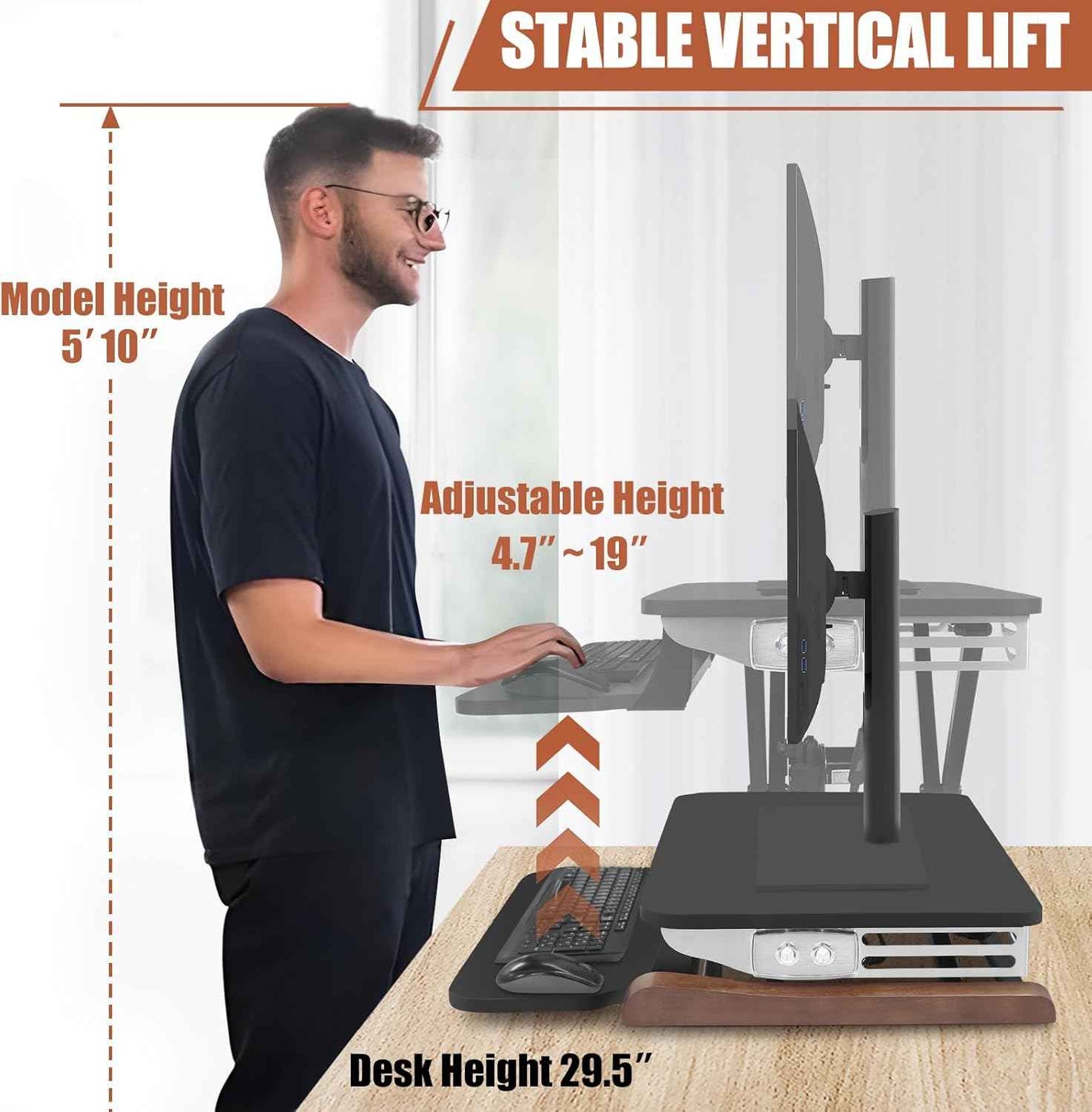 Electric Standing Desk Converter with Keyboard Tray, 26x16 Inch, Height Adjustable Sit to Stand Desk Riser with Unique Side Cover and Wooden Feet, Small Motorized Monitor Riser for Office & Home