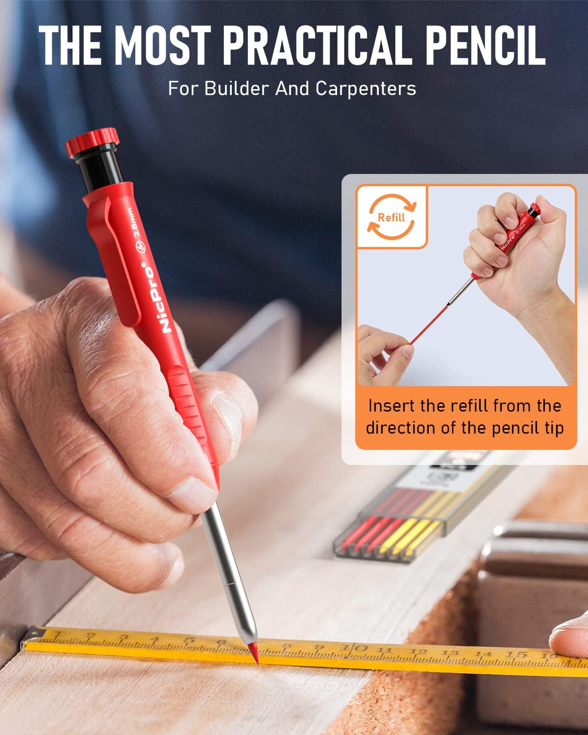 Nicpro CP1000 Carpenter Pencil with Sharpener, 2.8 mm Mechanical Pencils with 13 Refills, Deep Hole Marker for Construction, Heavy Duty Woodworking Pencil, Carpenter Tools for Architect Marking