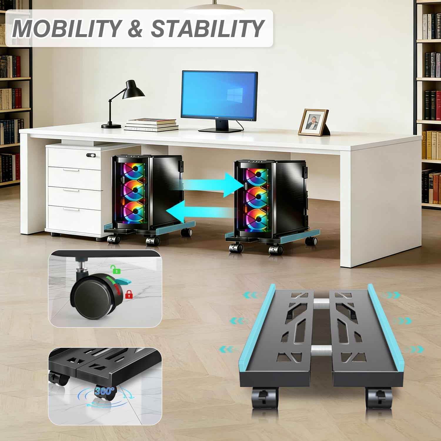 PC Stand, Mobile CPU Stand for Floor, Adjustable CPU Rolling Stand, Under Desk Computer Tower Stand, Computer Mobile Cart Holder with Locking Caster Wheels PC Tower Stand for Home and Office - Black