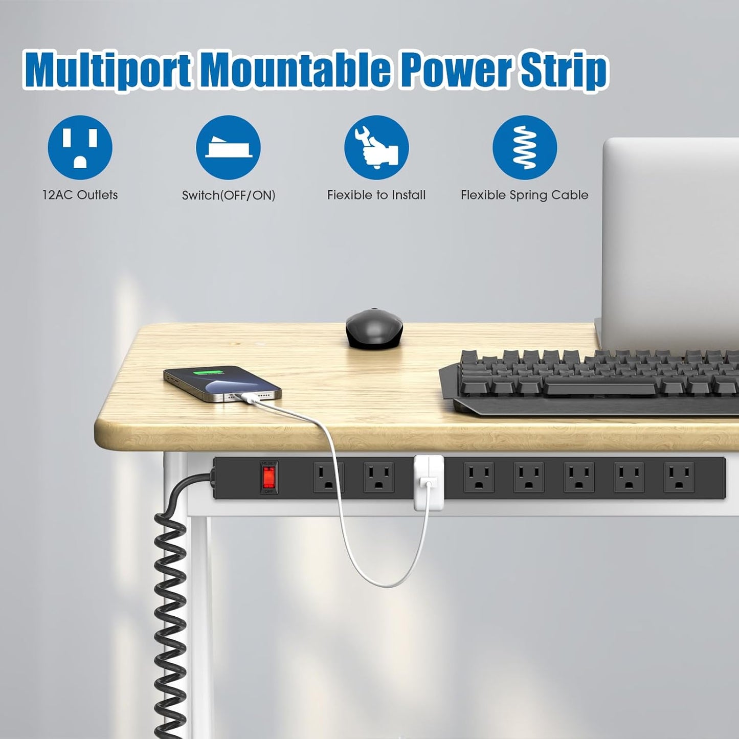 2Pack 8 Outlet Metal Wall Mount Power Strip, Mountable Outlet with Switch, Heavy Duty Wide Spaced Surge Protector, 10 FT SJT 14AWG Black Spring Cord.