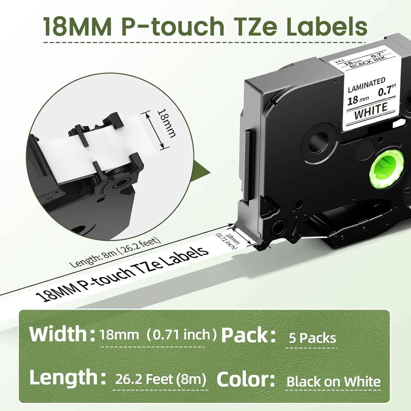 Tze-241 Tz Tape 18mm Replace for Brother P Touch Label Tape 18mm .7 White, 3/4 Inch 26.2 Feet Label Maker Refill, Compatible with Brother Ptouch PT-D400 PT-D600 PT-D410, Black Ink on White, 5-Pack