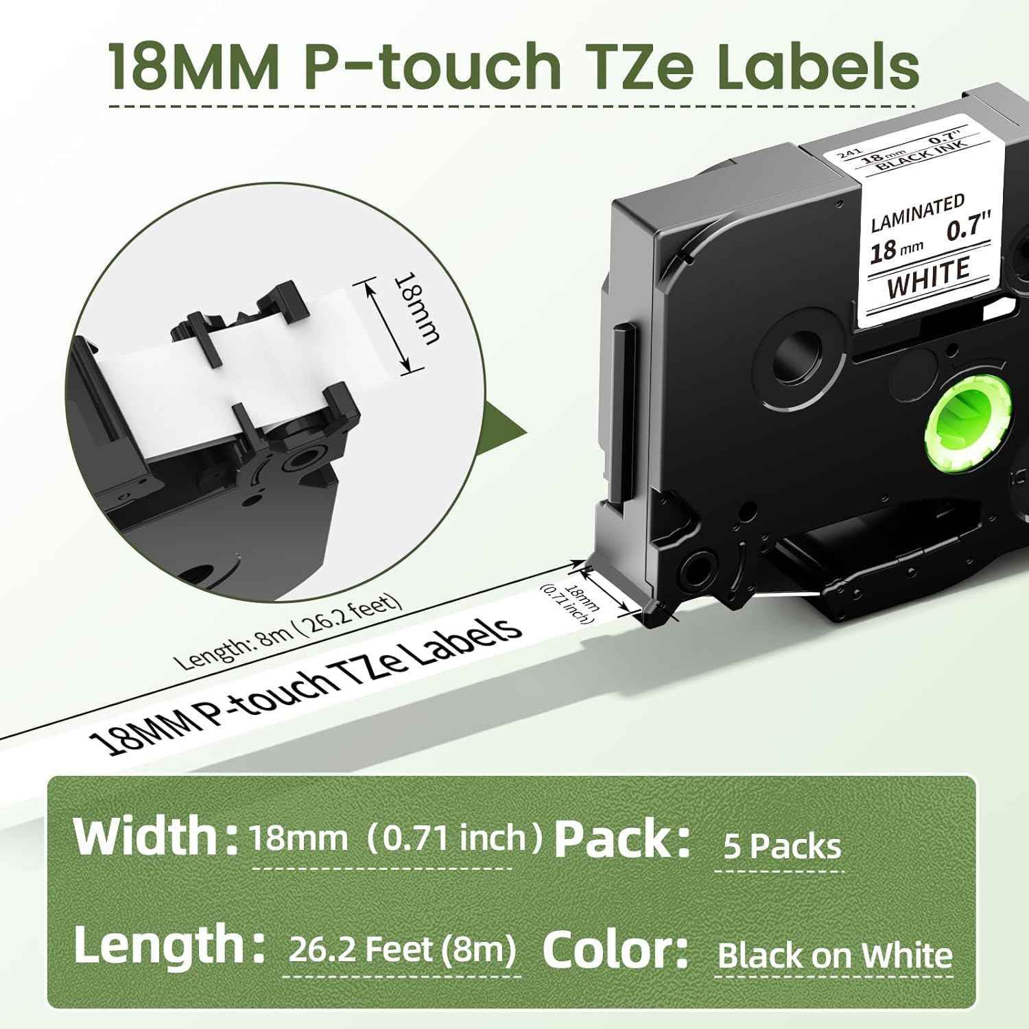 Tze-241 Tz Tape 18mm Replace for Brother P Touch Label Tape 18mm .7 White, 3/4 Inch 26.2 Feet Label Maker Refill, Compatible with Brother Ptouch PT-D400 PT-D600 PT-D410, Black Ink on White, 5-Pack
