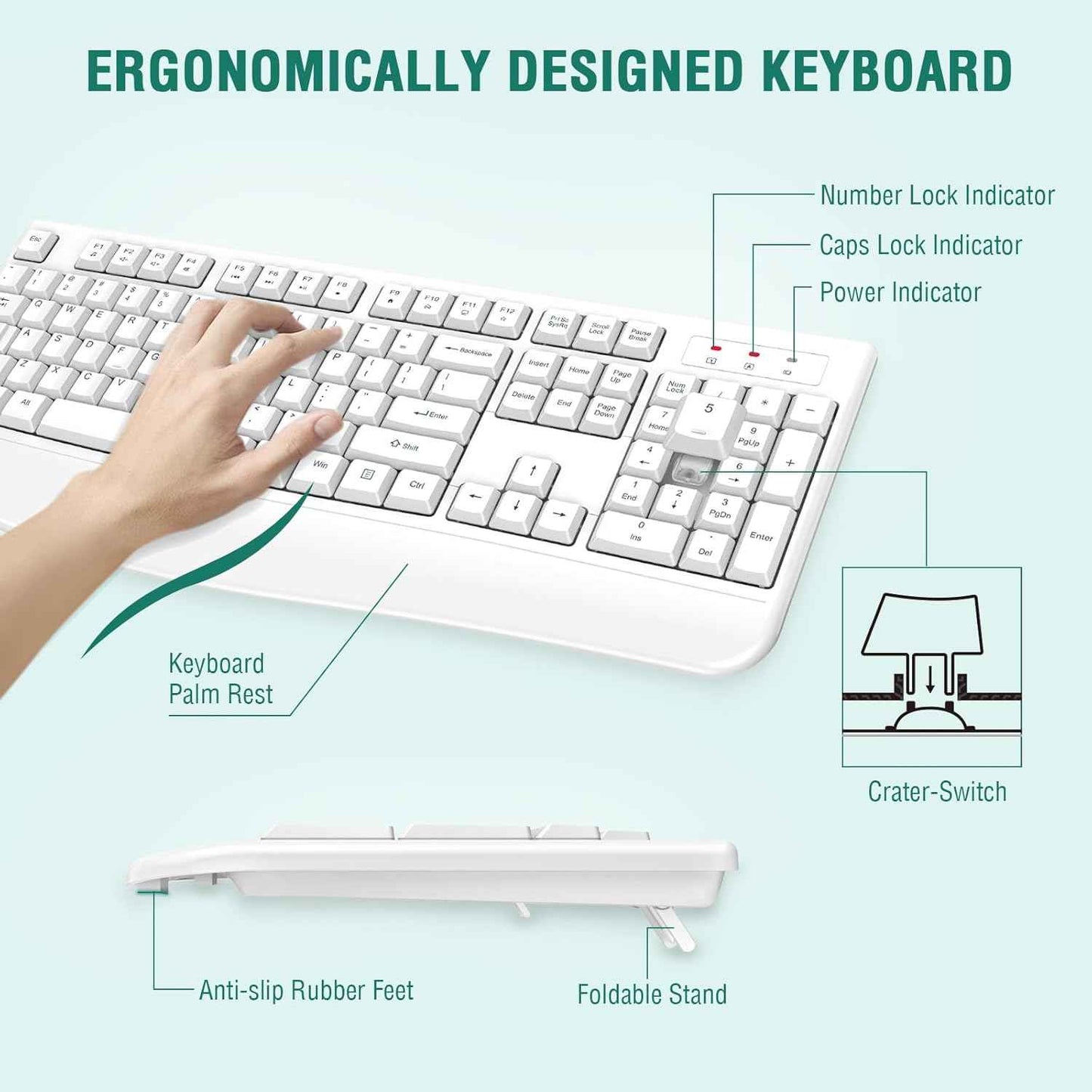 EDJO Wireless Keyboard, 2.4G Ergonomic Full Size Wireless Computer Keyboard with Wrist Rest for Windows, Mac OS Desktop/Laptop/PC White