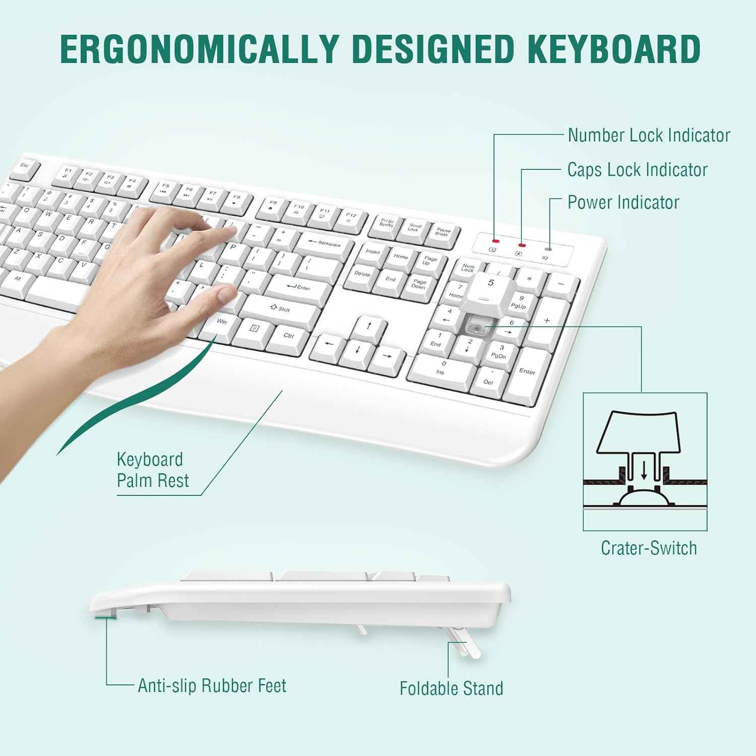 EDJO Wireless Keyboard, 2.4G Ergonomic Full Size Wireless Computer Keyboard with Wrist Rest for Windows, Mac OS Desktop/Laptop/PC White