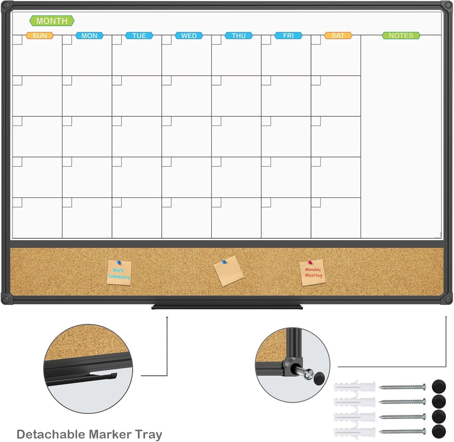 JILoffice Magnetic Calendar Whiteboard & Bulletin Corkboard Combination, Combo Board 36 x 24 Inch, Black Aluminum Frame Wall Mounted Board for Office Home and School with 10 Push Pins - Lumora Desk