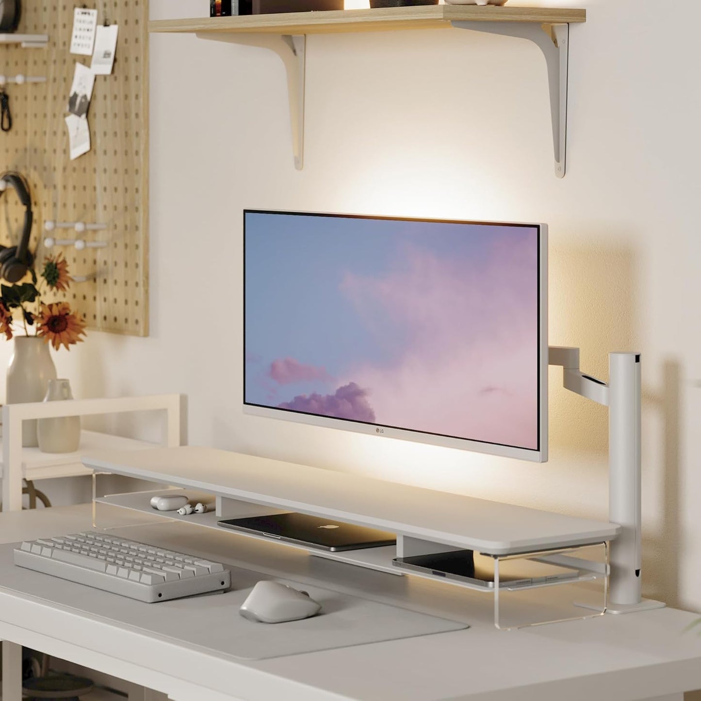 Fenge Acrylic Monitor Stand Riser, 42.5 Inches Dual Monitor Stand with Metal Storage, 2 Tier Acrylic Computer Riser for Desk, Clear Laptop Stand for PC, Laptop, Printer, TV, White