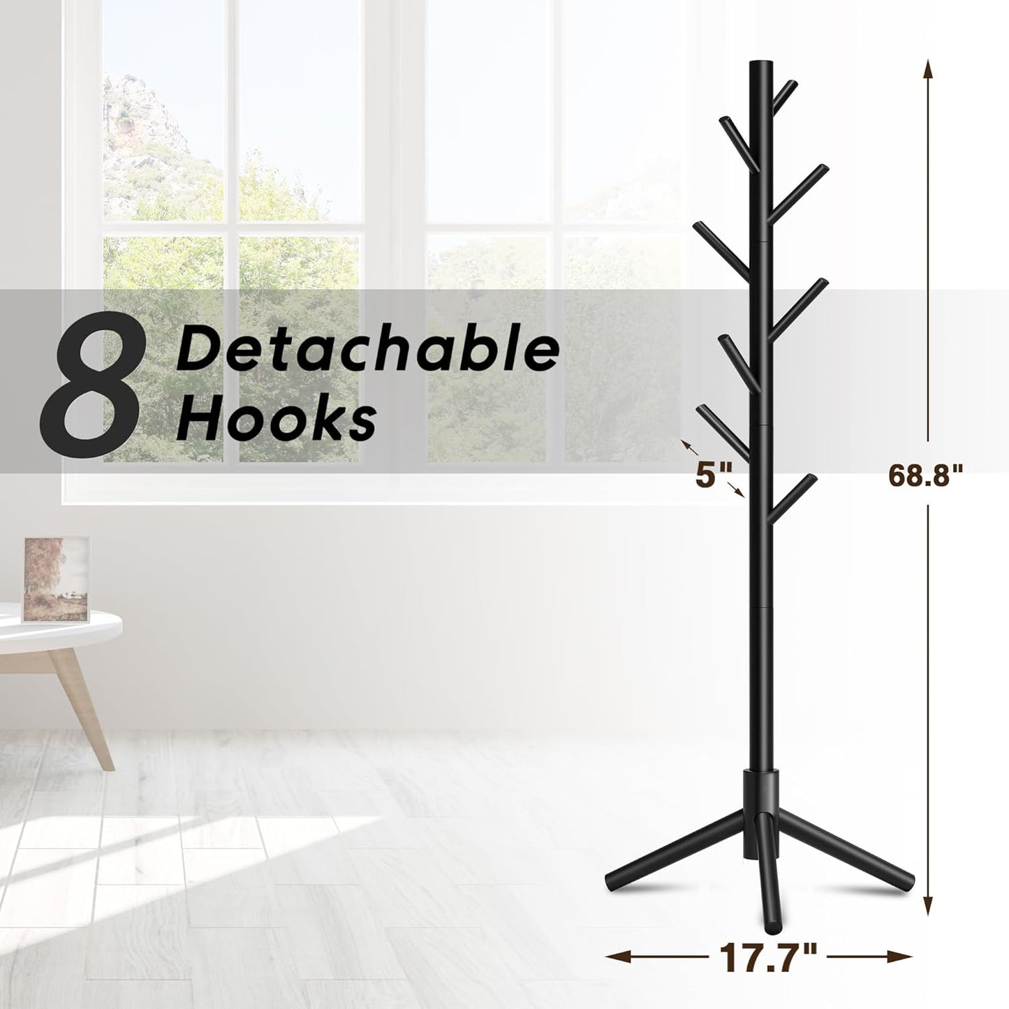 Wooden Coat Rack, Free Standing Coat Rack with 8 Hooks 3 Adjustable Heights for Clothes, Hats, Handbags, Coat Tree Easy Assembly for Entryway, Bedroom, Hallway, Office (New Black) - Lumora Desk