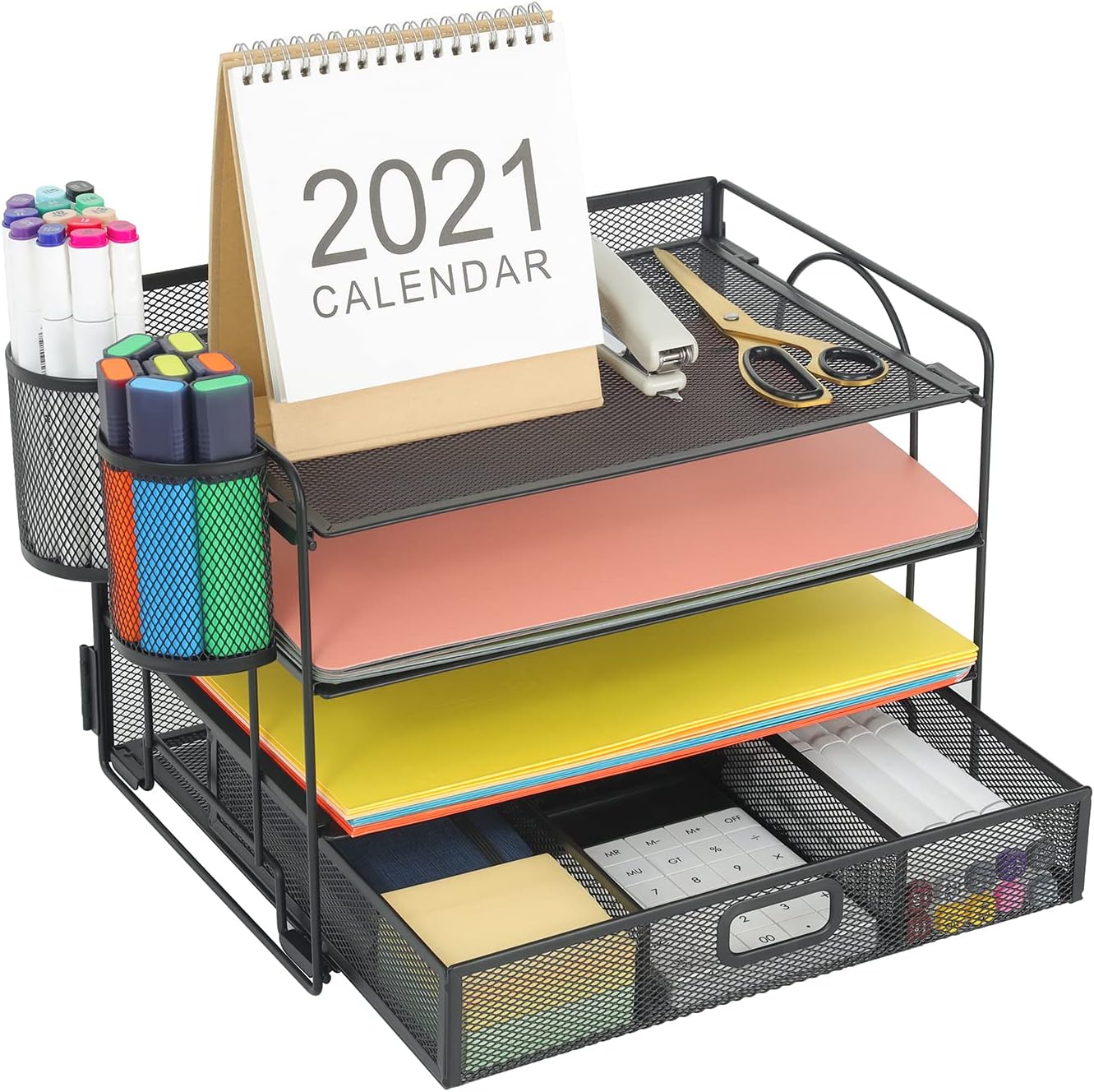Marbrasse Desk Organizer and Accessories4-Tier Paper File Letter Tray Accessories & Workspace Desk Organizers with Drawer and 2 Pen Holders for School Home Office Supplies (Black)